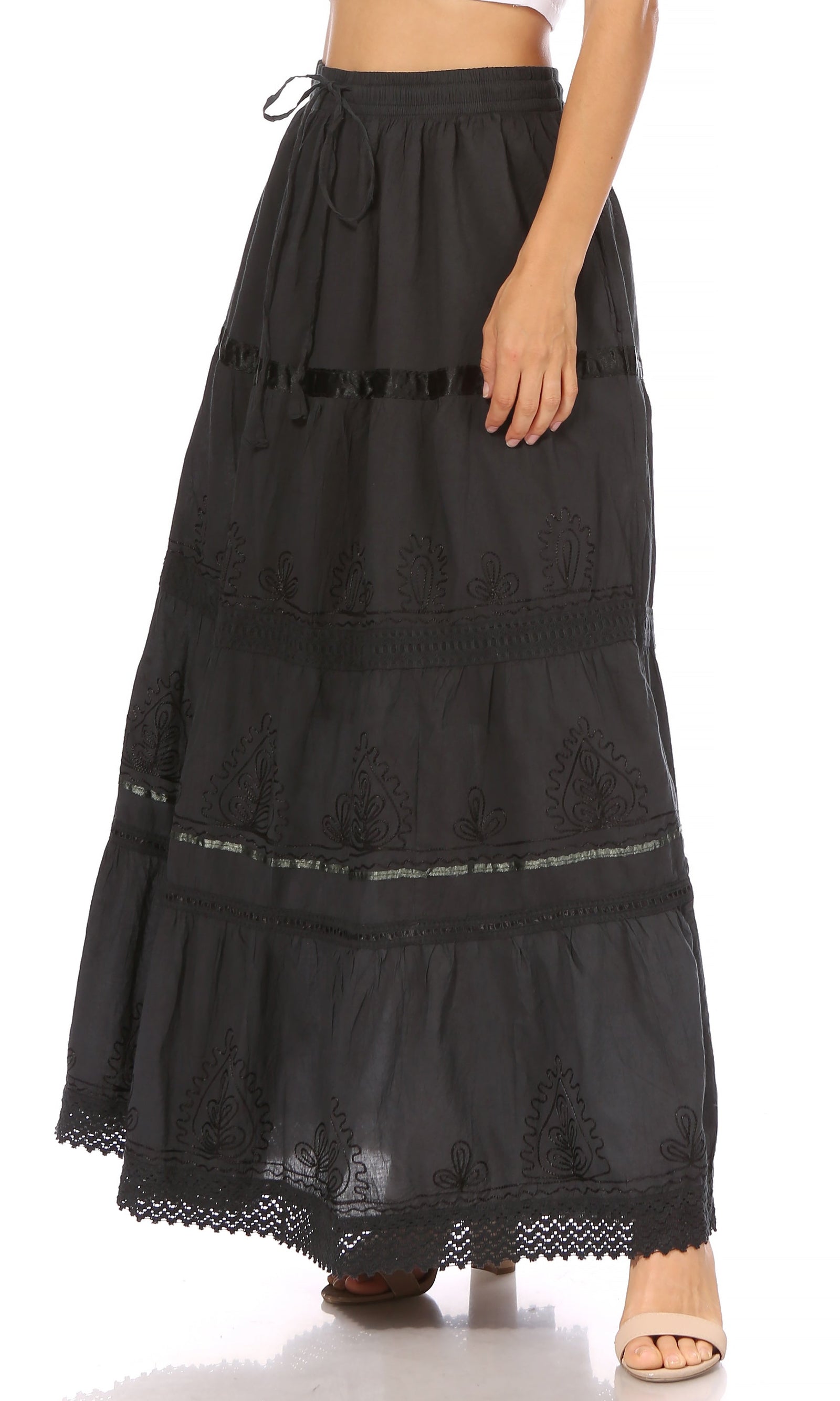 Falda larga de algodón Sakkas, estilo bohemio, gitano y bordado, con un solo color