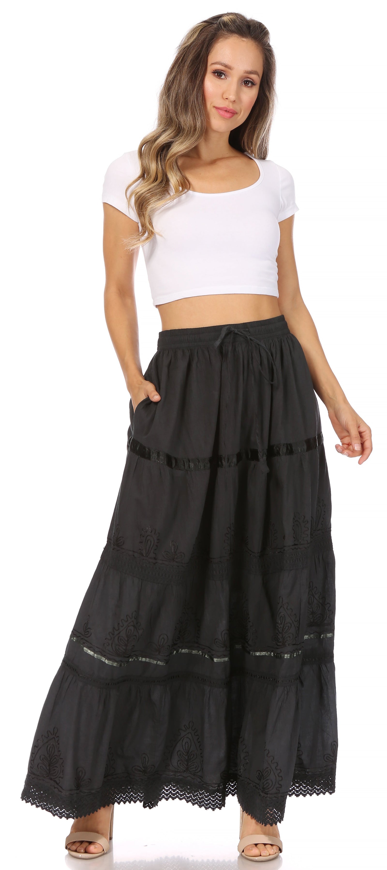 Falda larga de algodón Sakkas, estilo bohemio, gitano y bordado, con un solo color