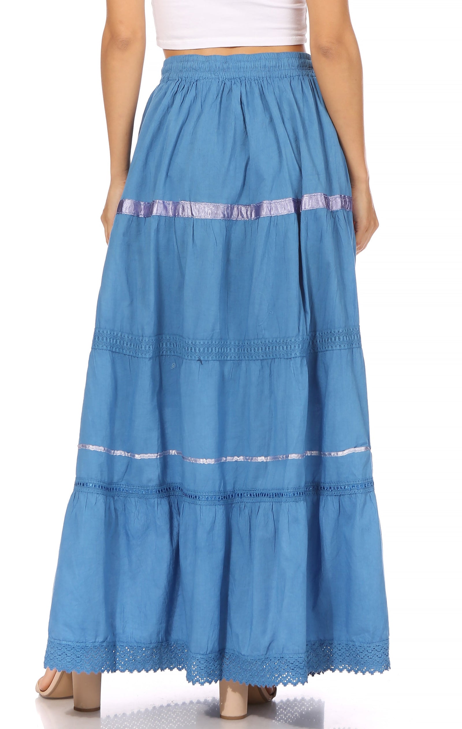 Falda larga de algodón Sakkas, estilo bohemio, gitano y bordado, con un solo color