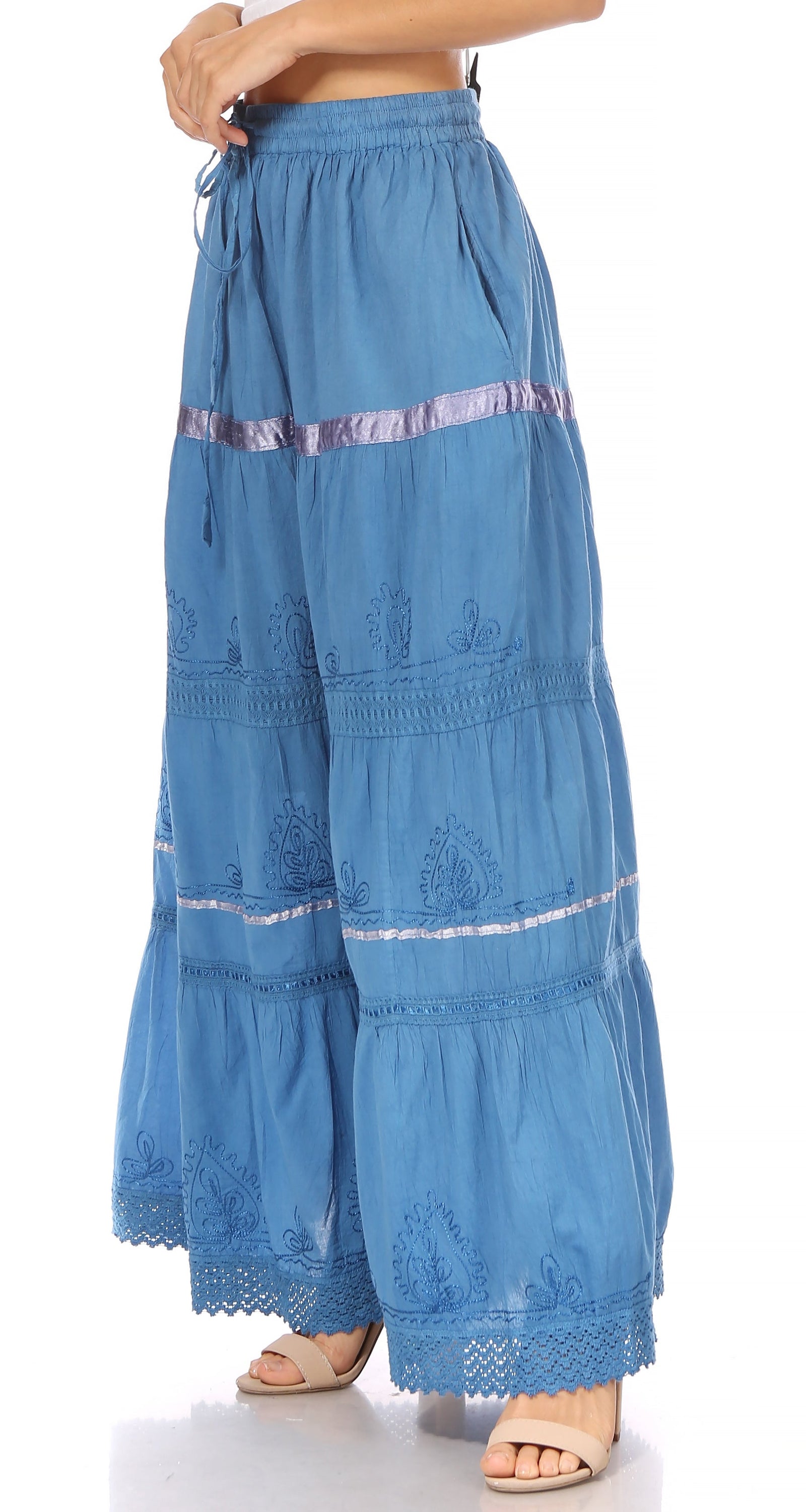 Falda larga de algodón Sakkas, estilo bohemio, gitano y bordado, con un solo color