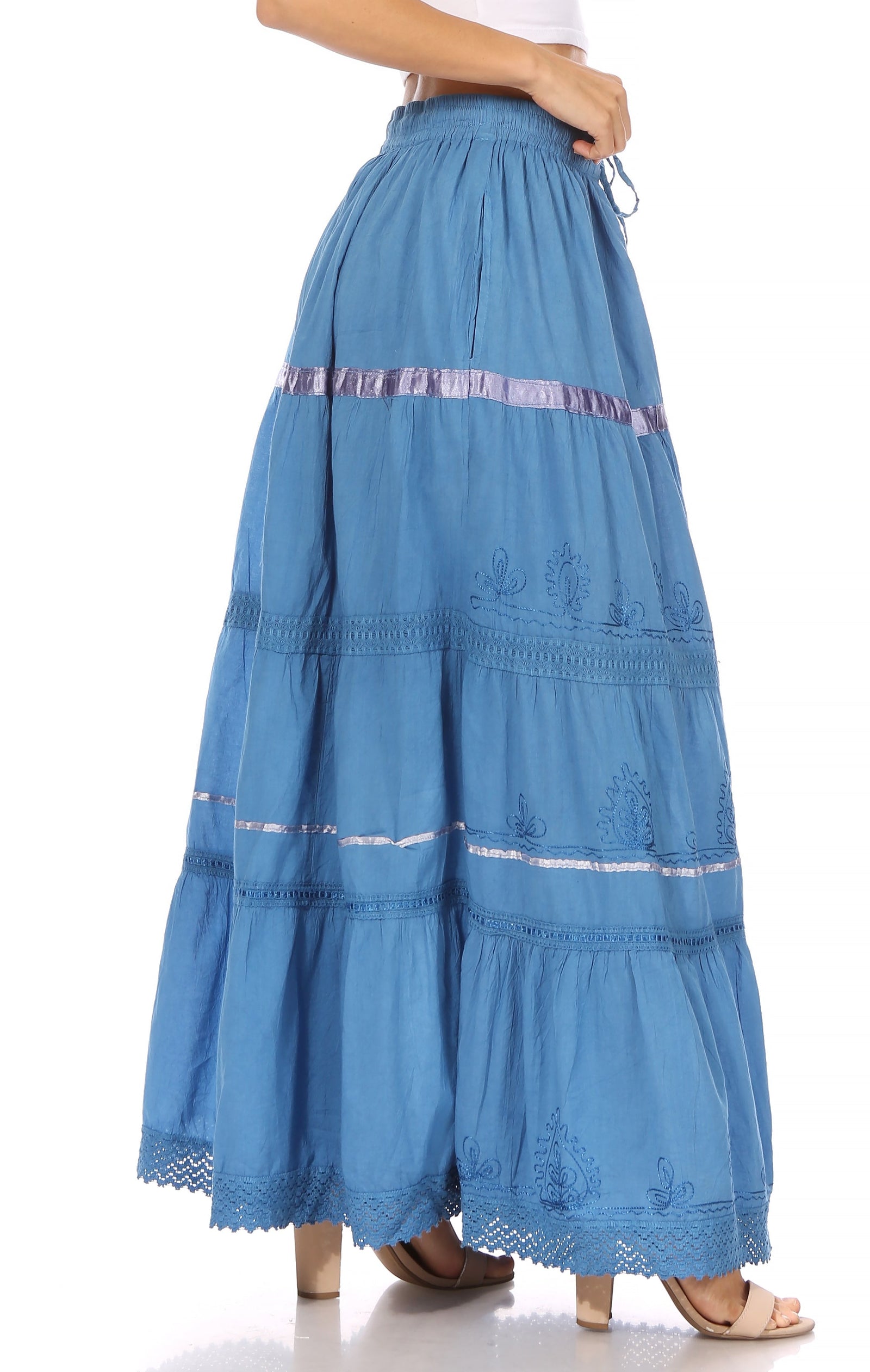 Falda larga de algodón Sakkas, estilo bohemio, gitano y bordado, con un solo color