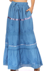 Falda larga de algodón Sakkas, estilo bohemio, gitano y bordado, con un solo color