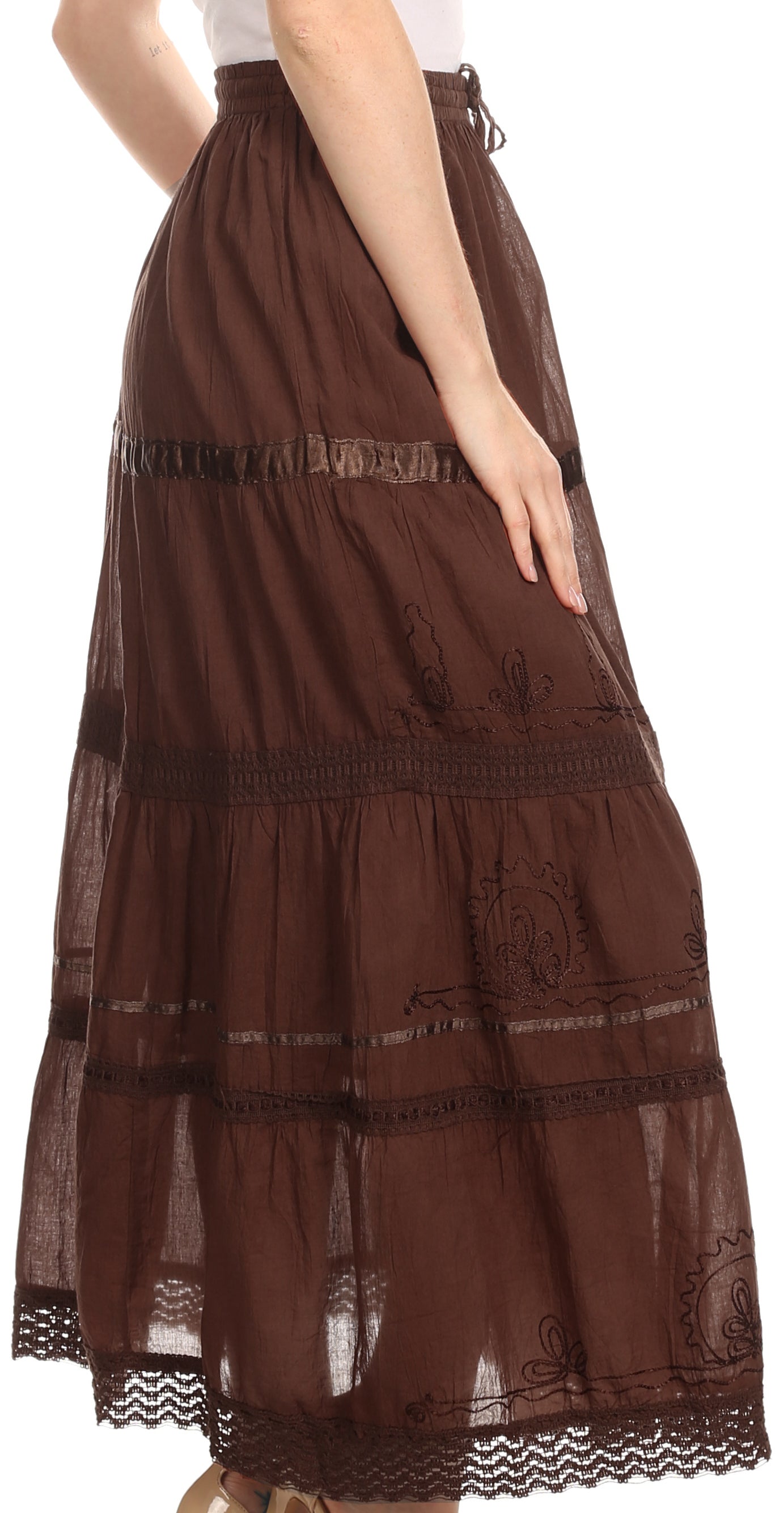 Falda larga de algodón Sakkas, estilo bohemio, gitano y bordado, con un solo color
