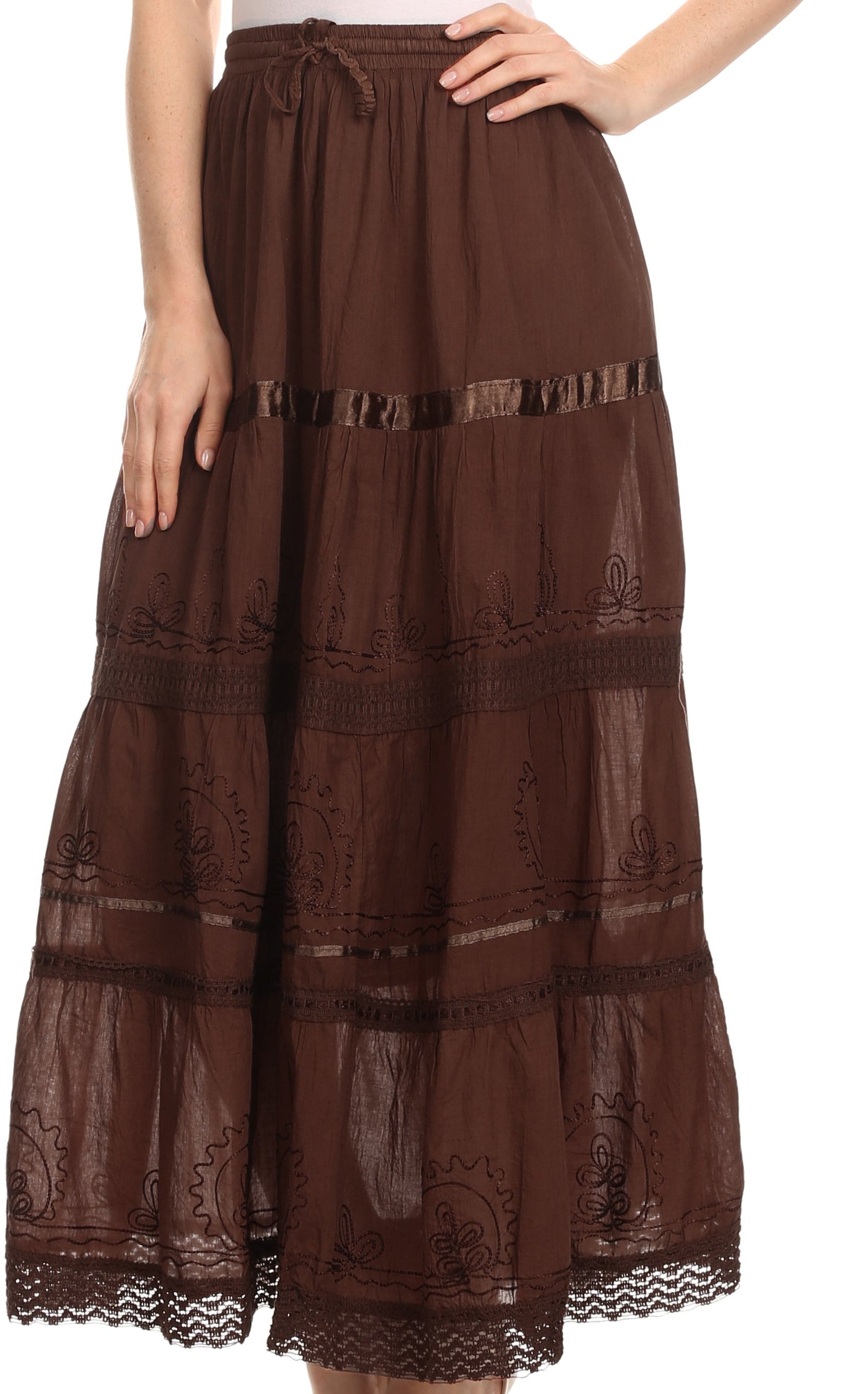 Falda larga de algodón Sakkas, estilo bohemio, gitano y bordado, con un solo color