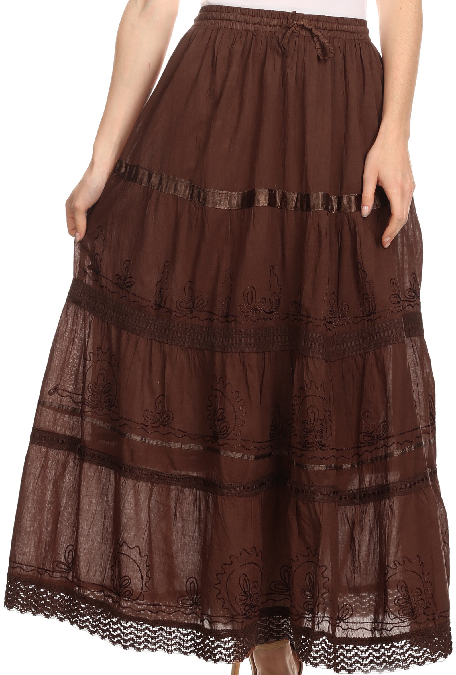Falda larga de algodón Sakkas, estilo bohemio, gitano y bordado, con un solo color
