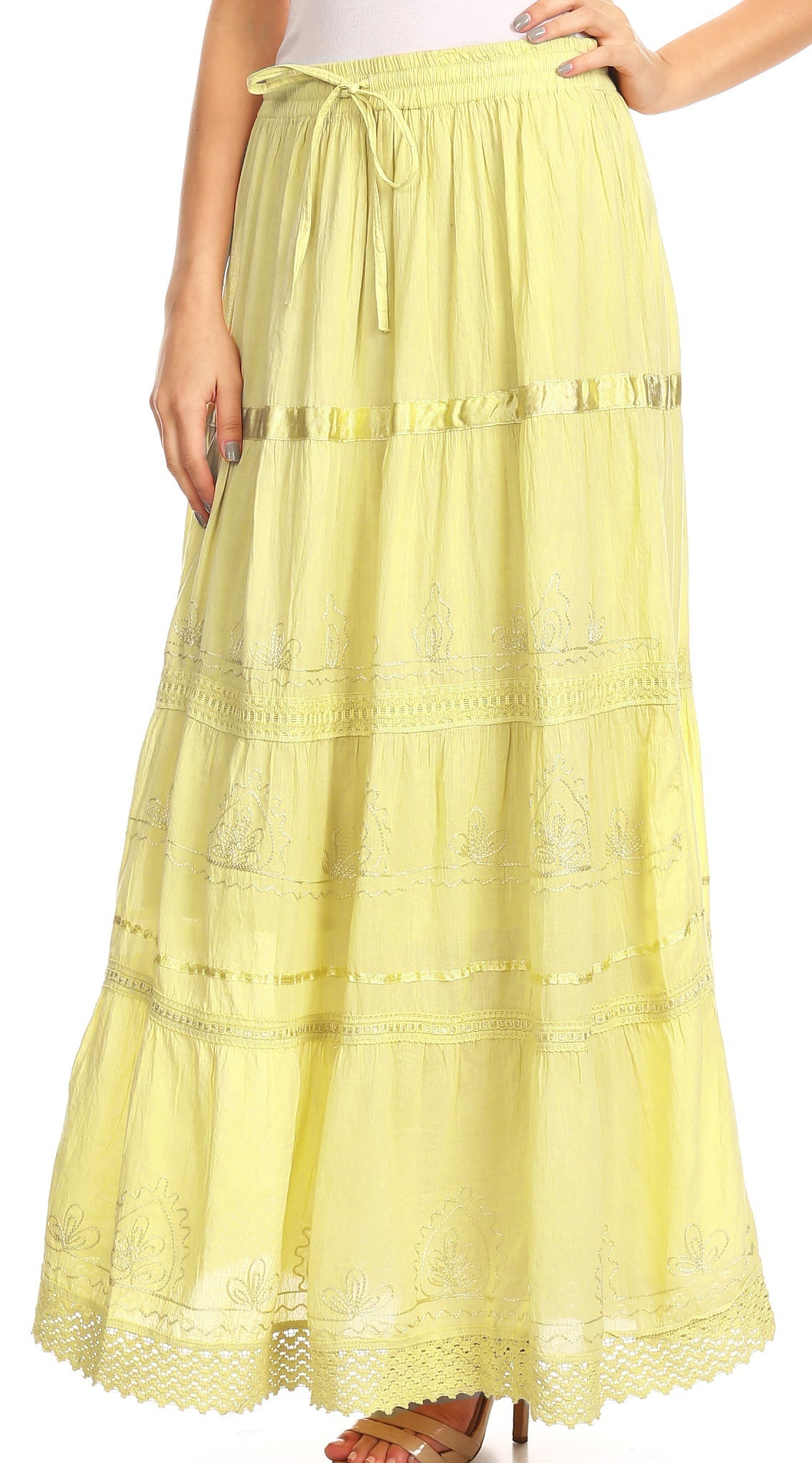 Falda larga de algodón Sakkas, estilo bohemio, gitano y bordado, con un solo color