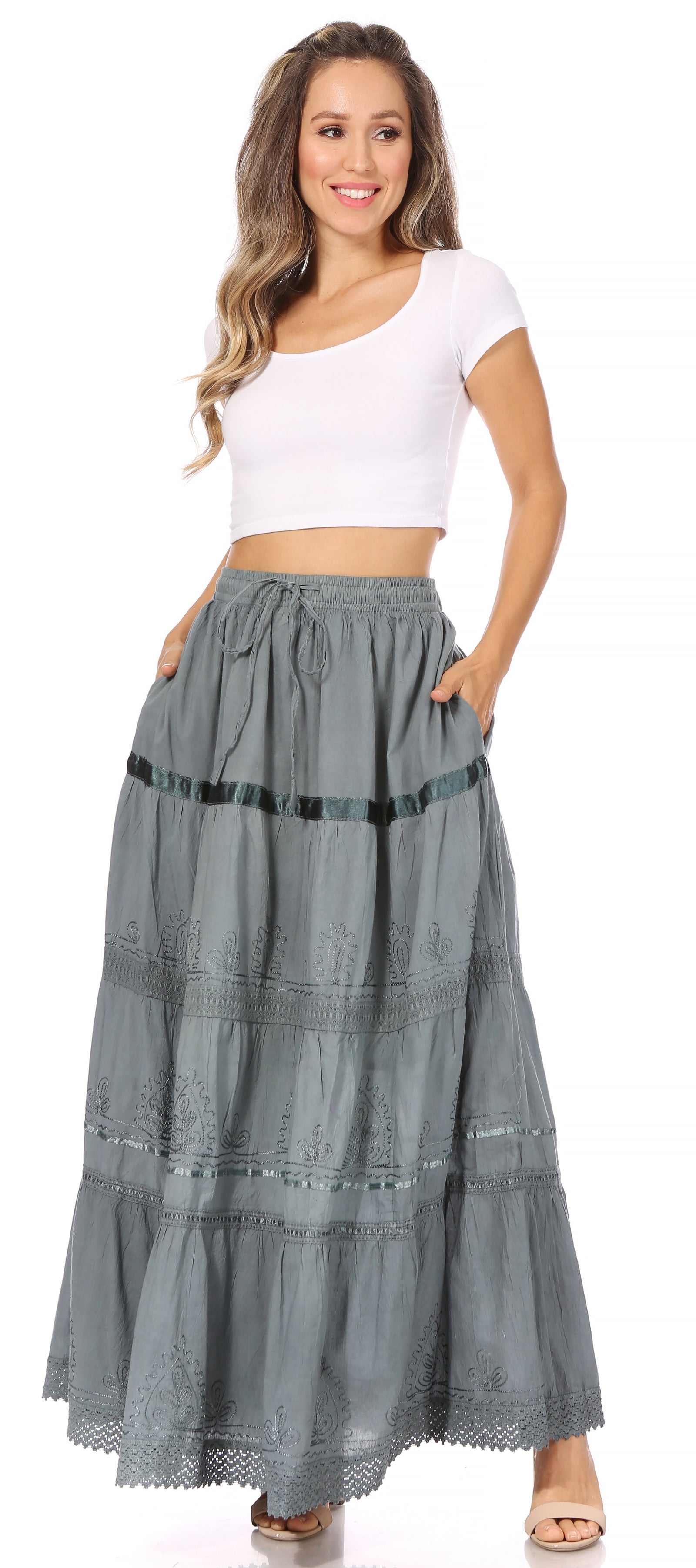 Falda larga de algodón Sakkas, estilo bohemio, gitano y bordado, con un solo color
