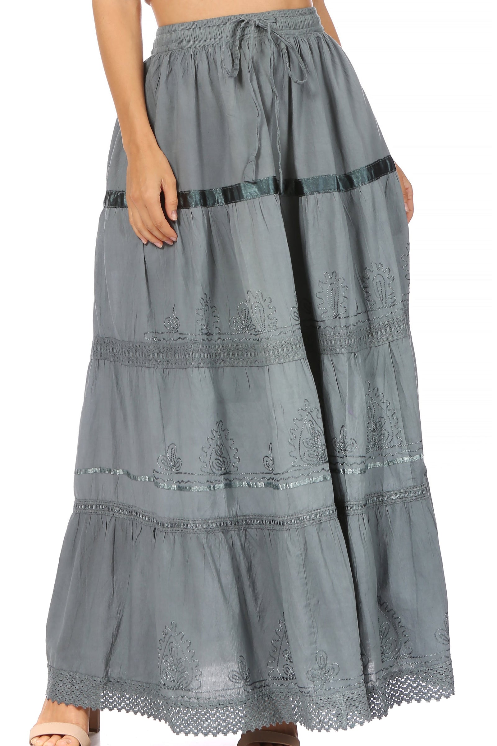 Falda larga de algodón Sakkas, estilo bohemio, gitano y bordado, con un solo color