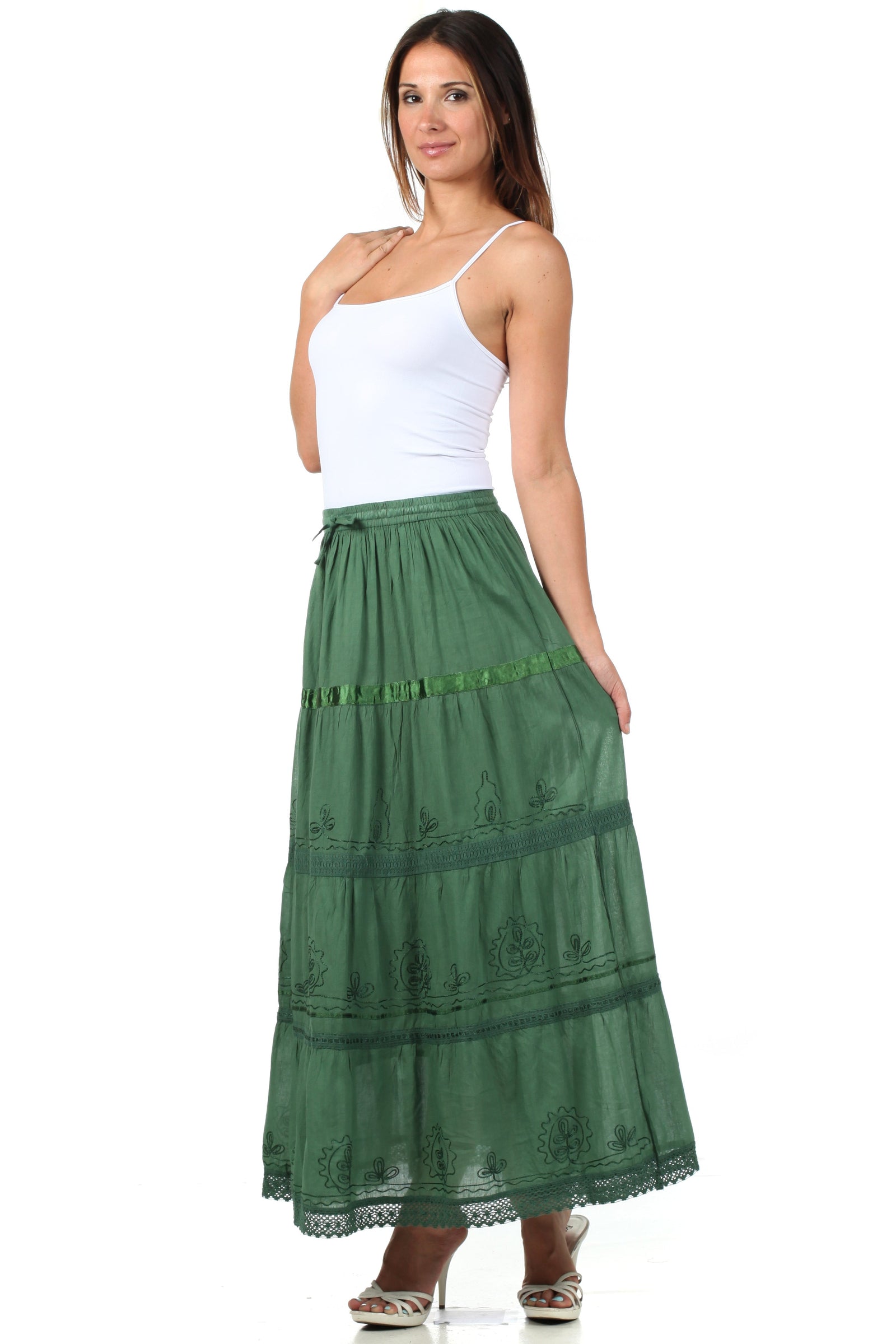 Falda larga de algodón Sakkas, estilo bohemio, gitano y bordado, con un solo color