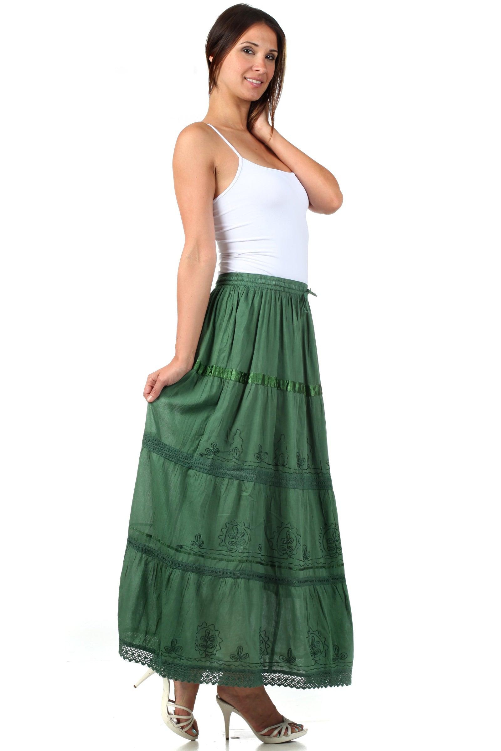 Falda larga de algodón Sakkas, estilo bohemio, gitano y bordado, con un solo color