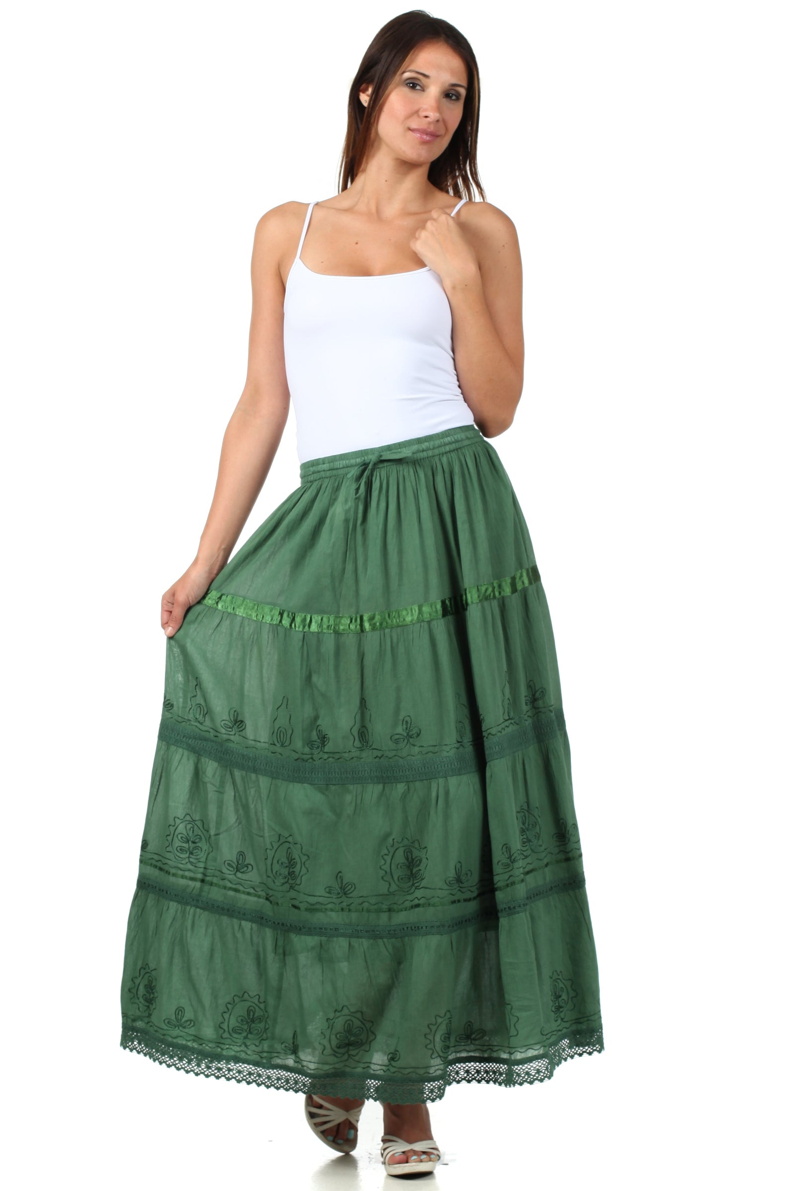 Falda larga de algodón Sakkas, estilo bohemio, gitano y bordado, con un solo color