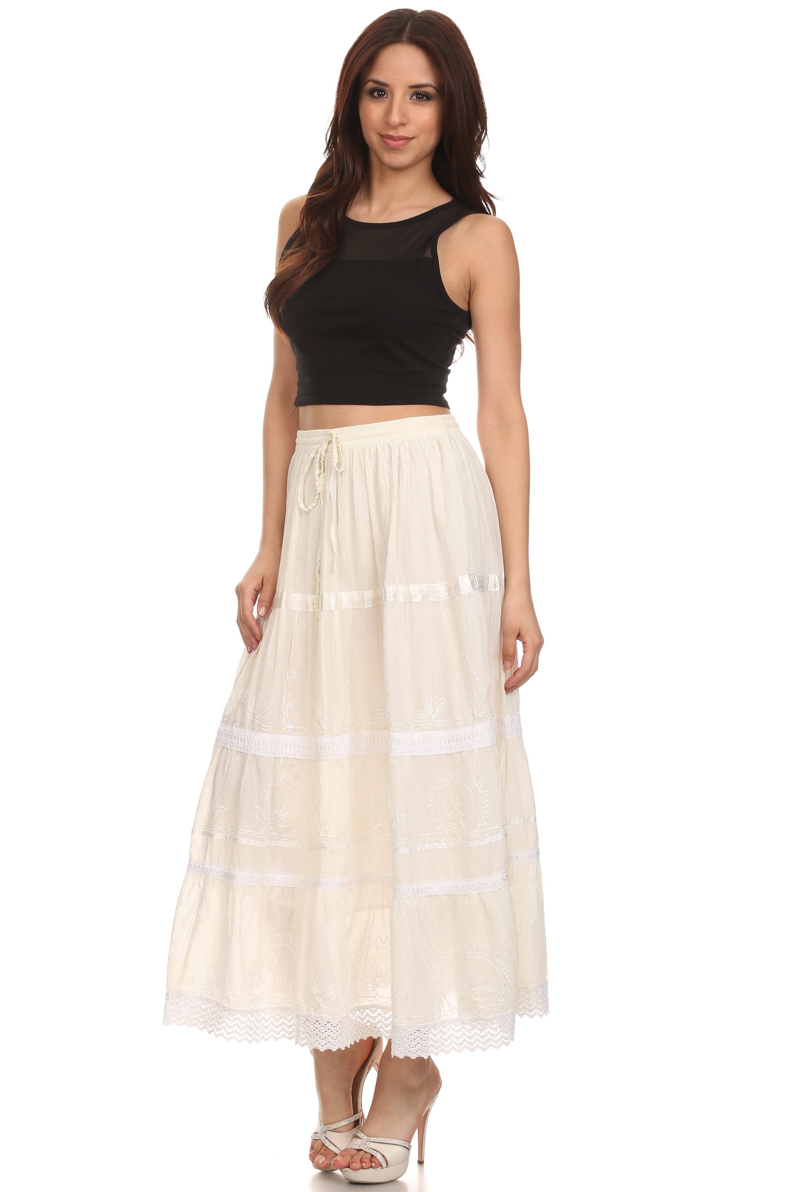 Falda larga de algodón Sakkas, estilo bohemio, gitano y bordado, con un solo color