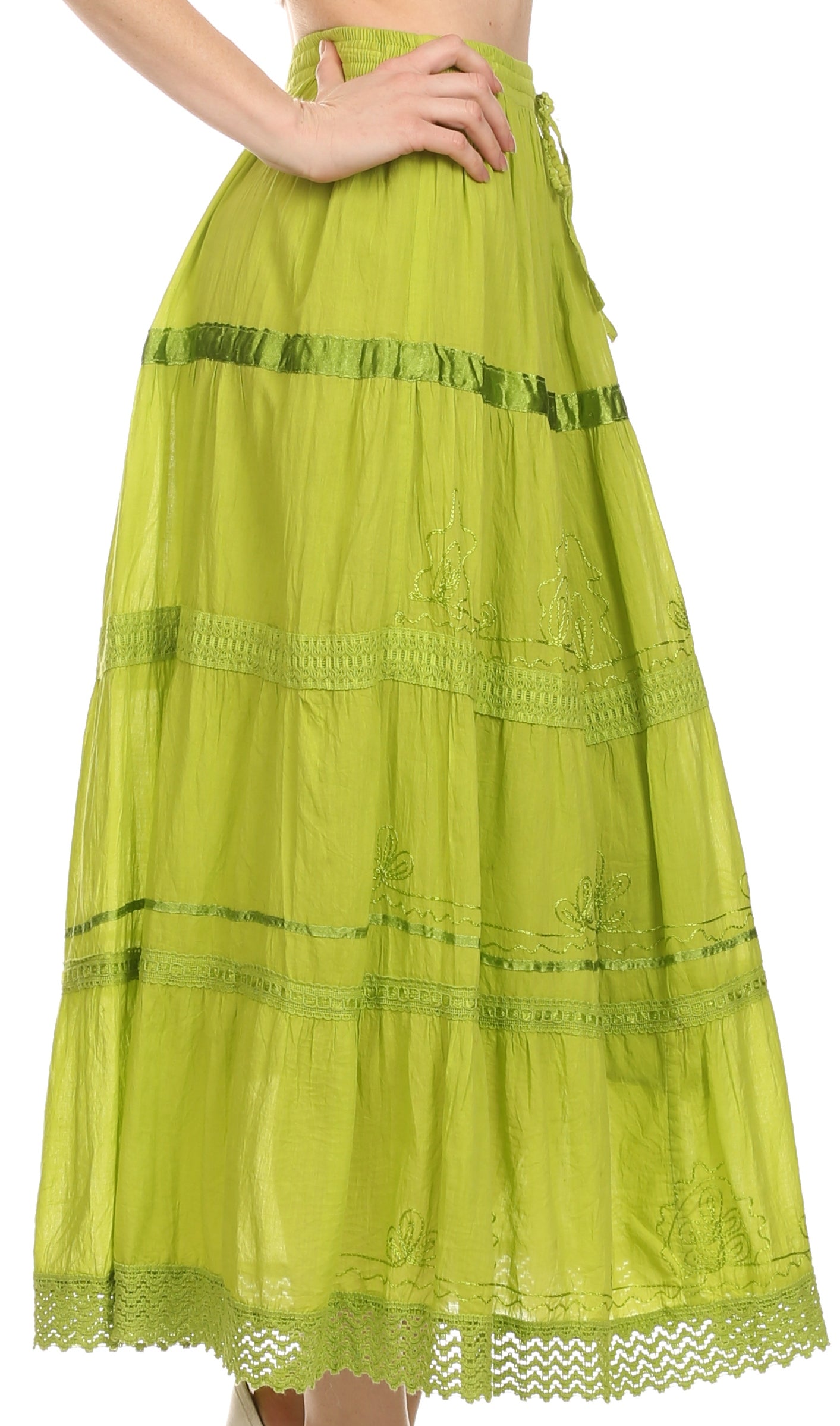 Falda larga de algodón Sakkas, estilo bohemio, gitano y bordado, con un solo color