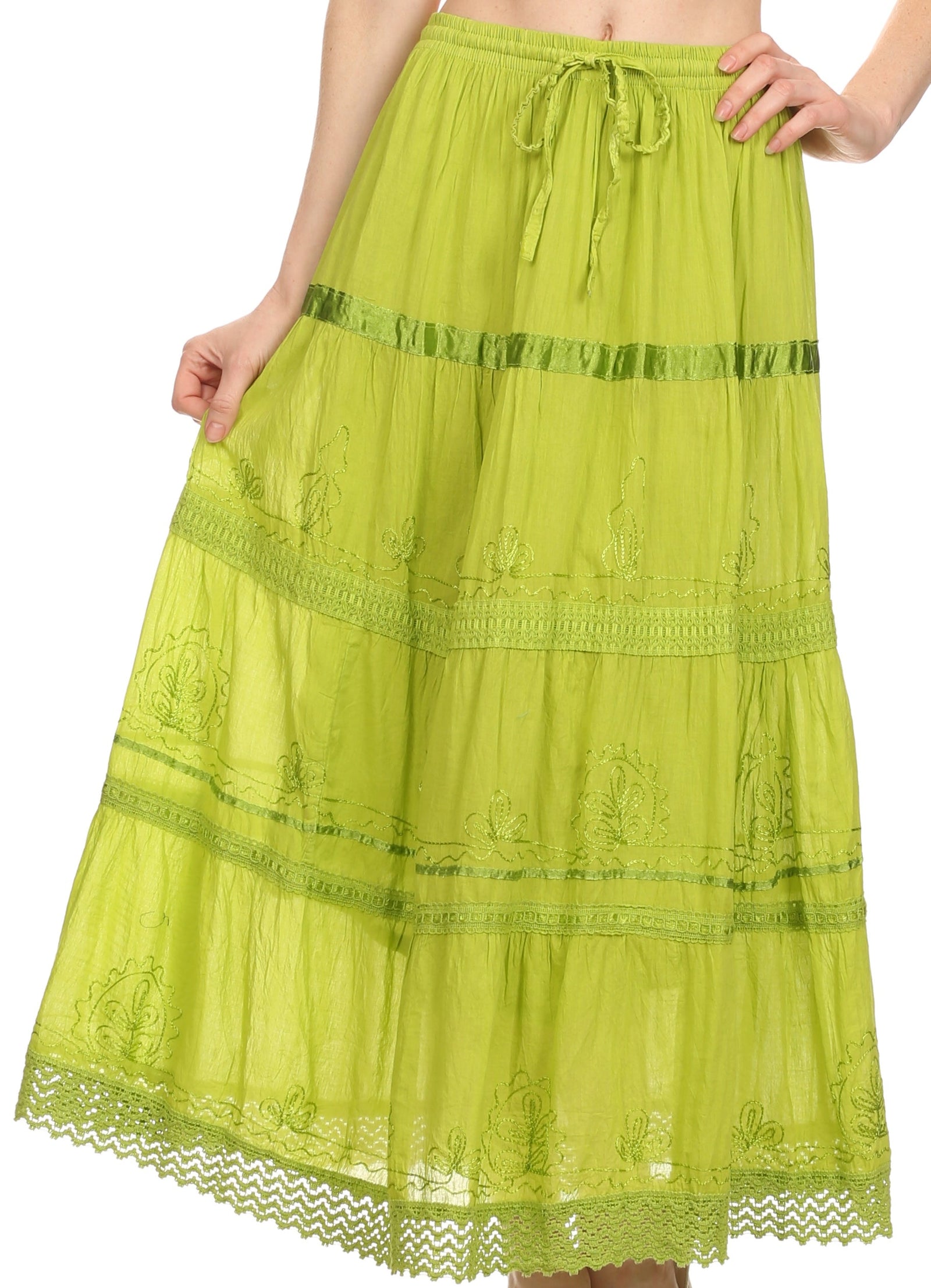 Falda larga de algodón Sakkas, estilo bohemio, gitano y bordado, con un solo color