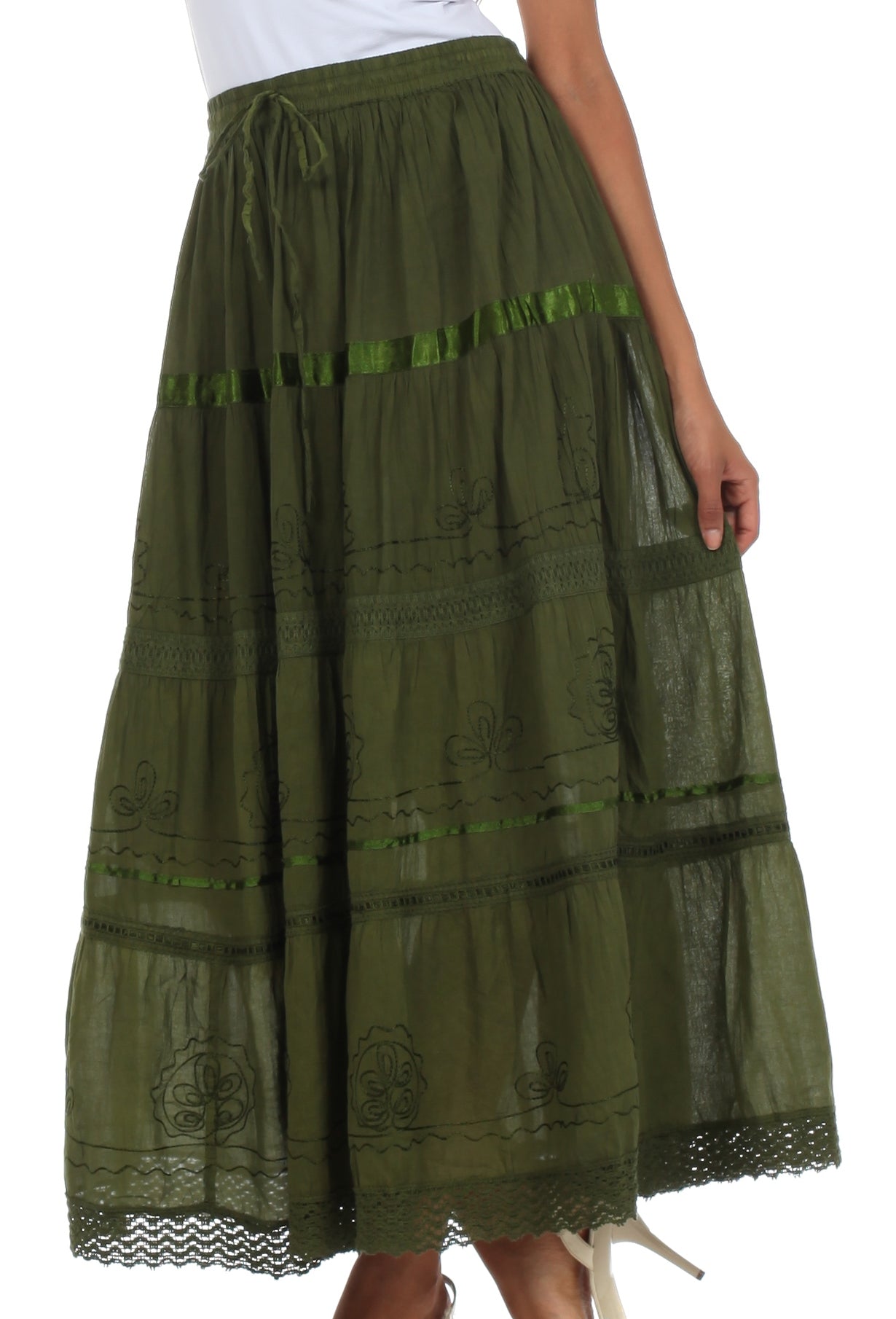 Falda larga de algodón Sakkas, estilo bohemio, gitano y bordado, con un solo color