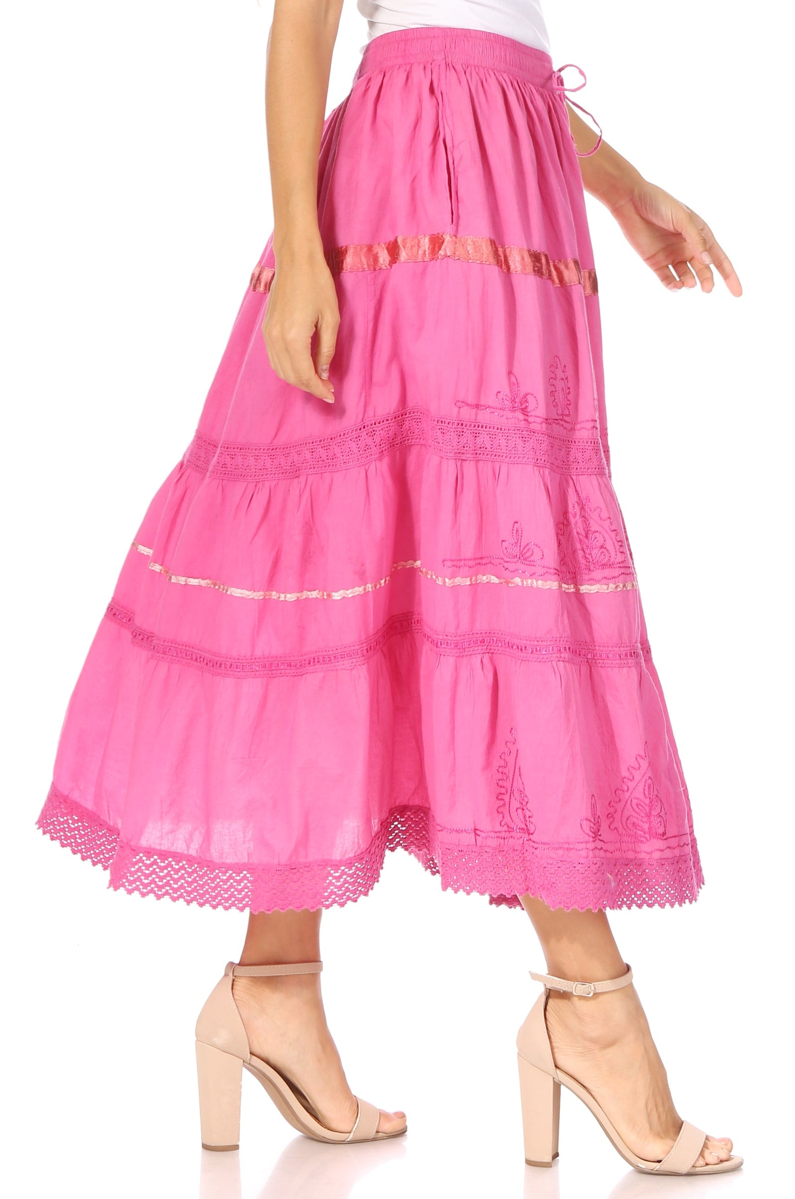 Falda larga de algodón Sakkas, estilo bohemio, gitano y bordado, con un solo color