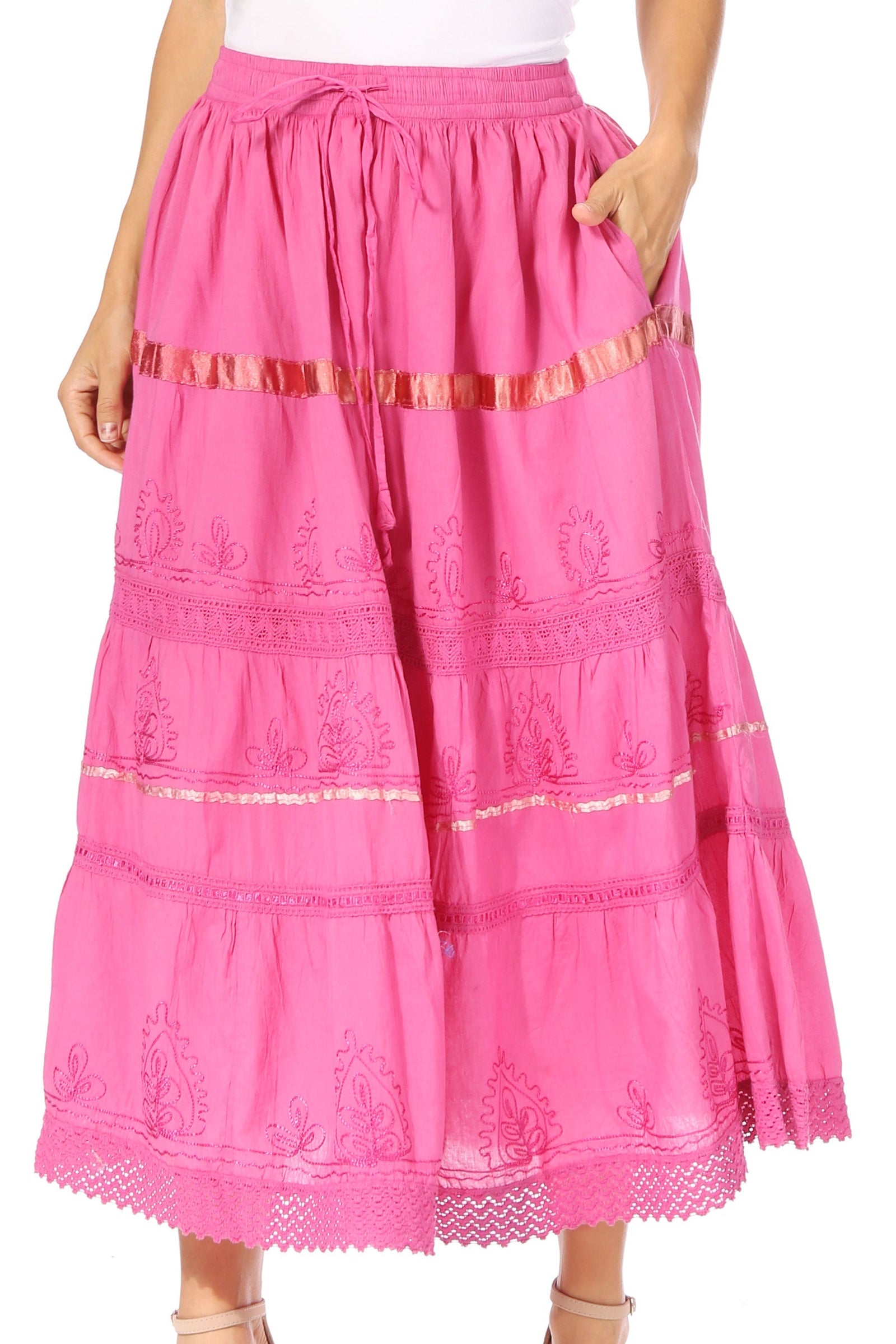 Falda larga de algodón Sakkas, estilo bohemio, gitano y bordado, con un solo color