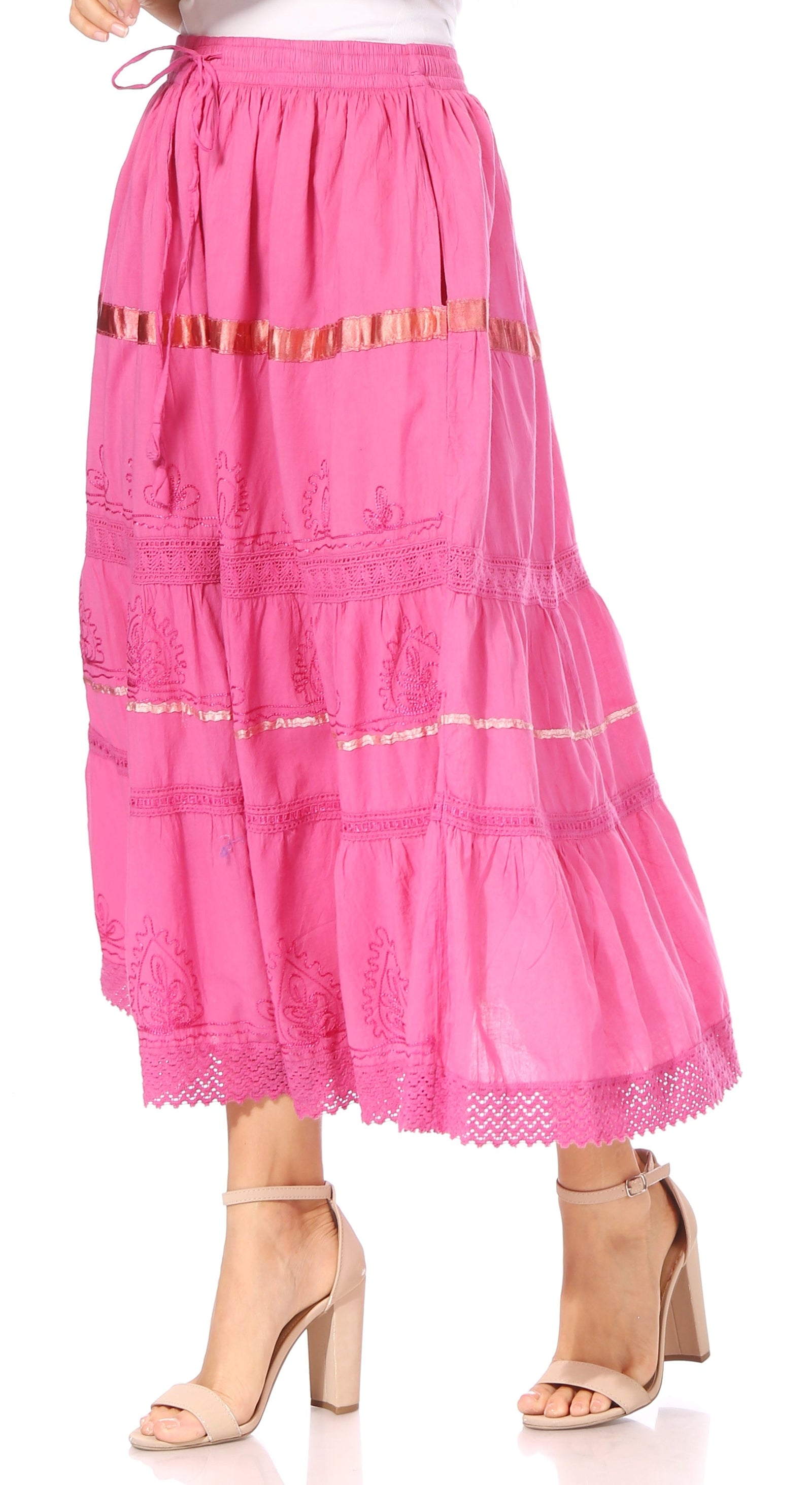 Falda larga de algodón Sakkas, estilo bohemio, gitano y bordado, con un solo color