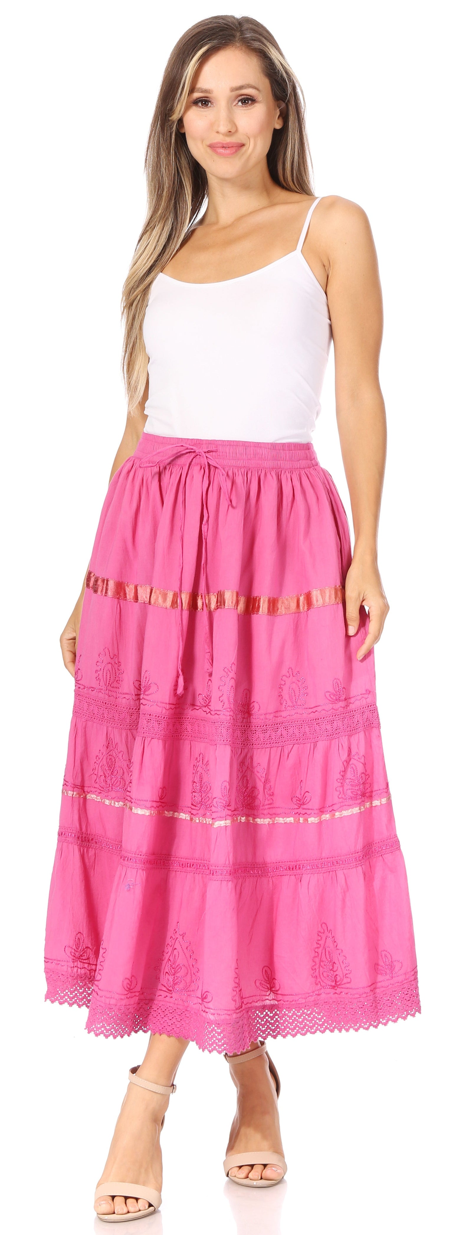 Falda larga de algodón Sakkas, estilo bohemio, gitano y bordado, con un solo color