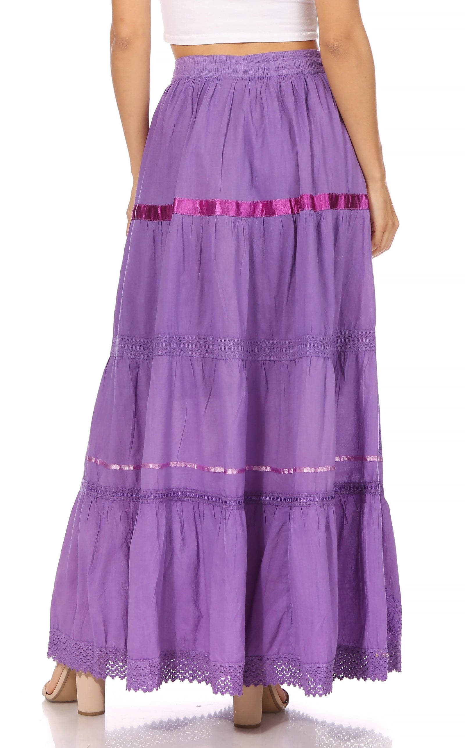Falda larga de algodón Sakkas, estilo bohemio, gitano y bordado, con un solo color