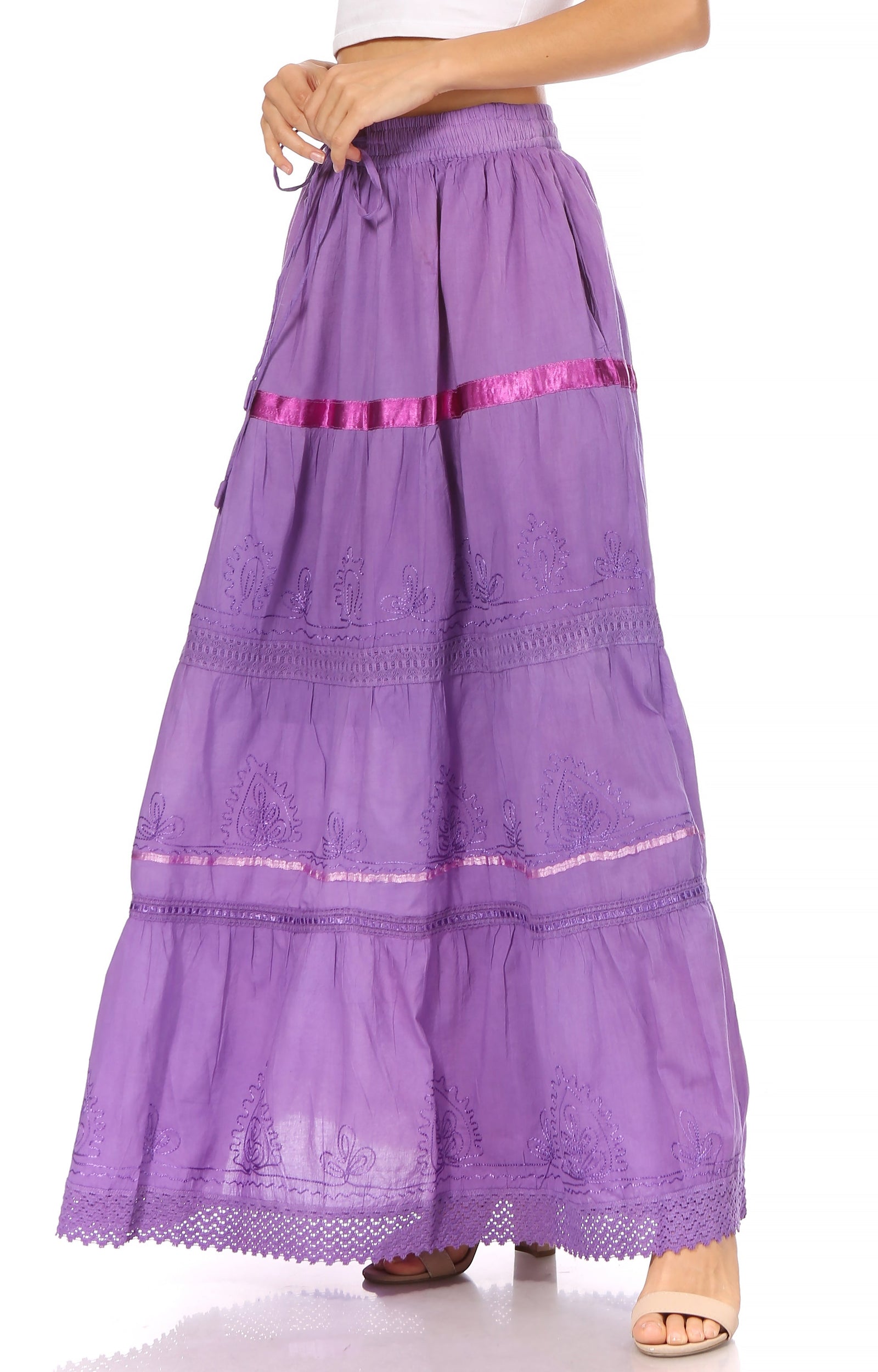 Falda larga de algodón Sakkas, estilo bohemio, gitano y bordado, con un solo color