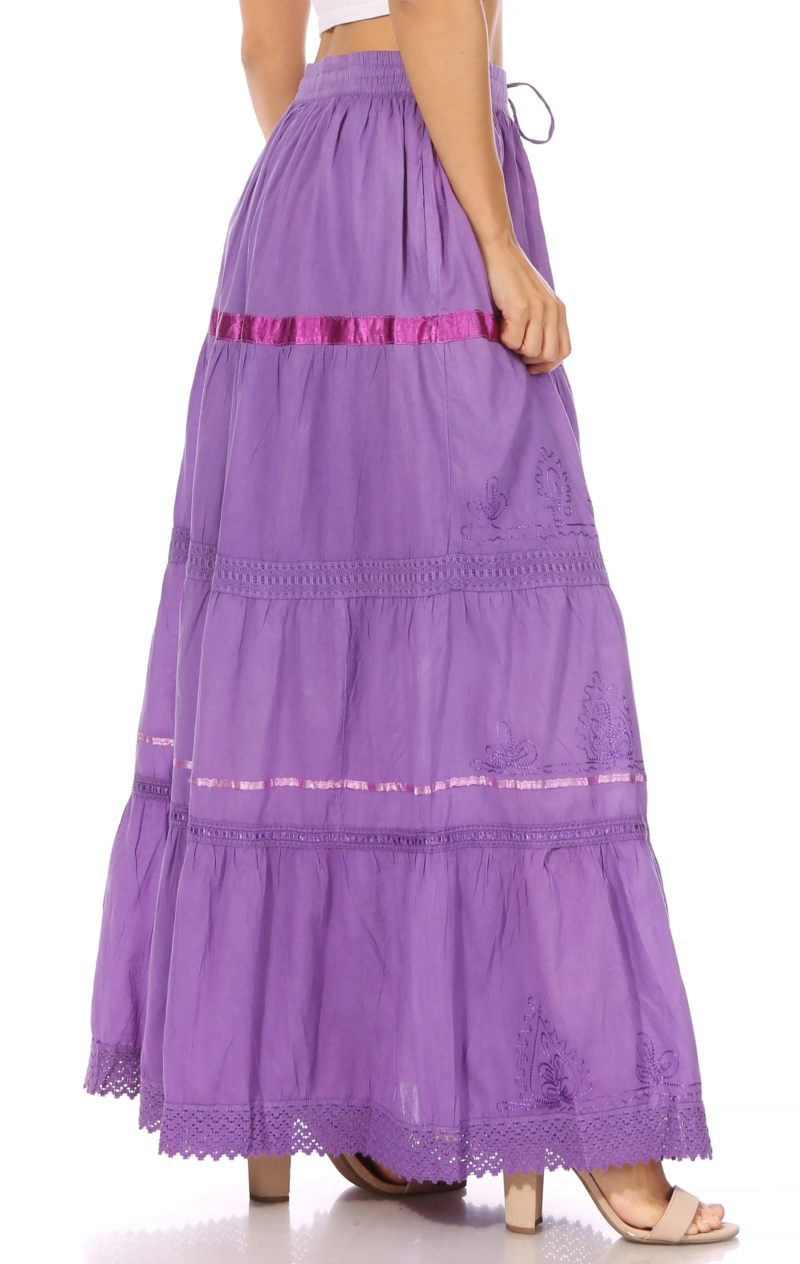 Falda larga de algodón Sakkas, estilo bohemio, gitano y bordado, con un solo color