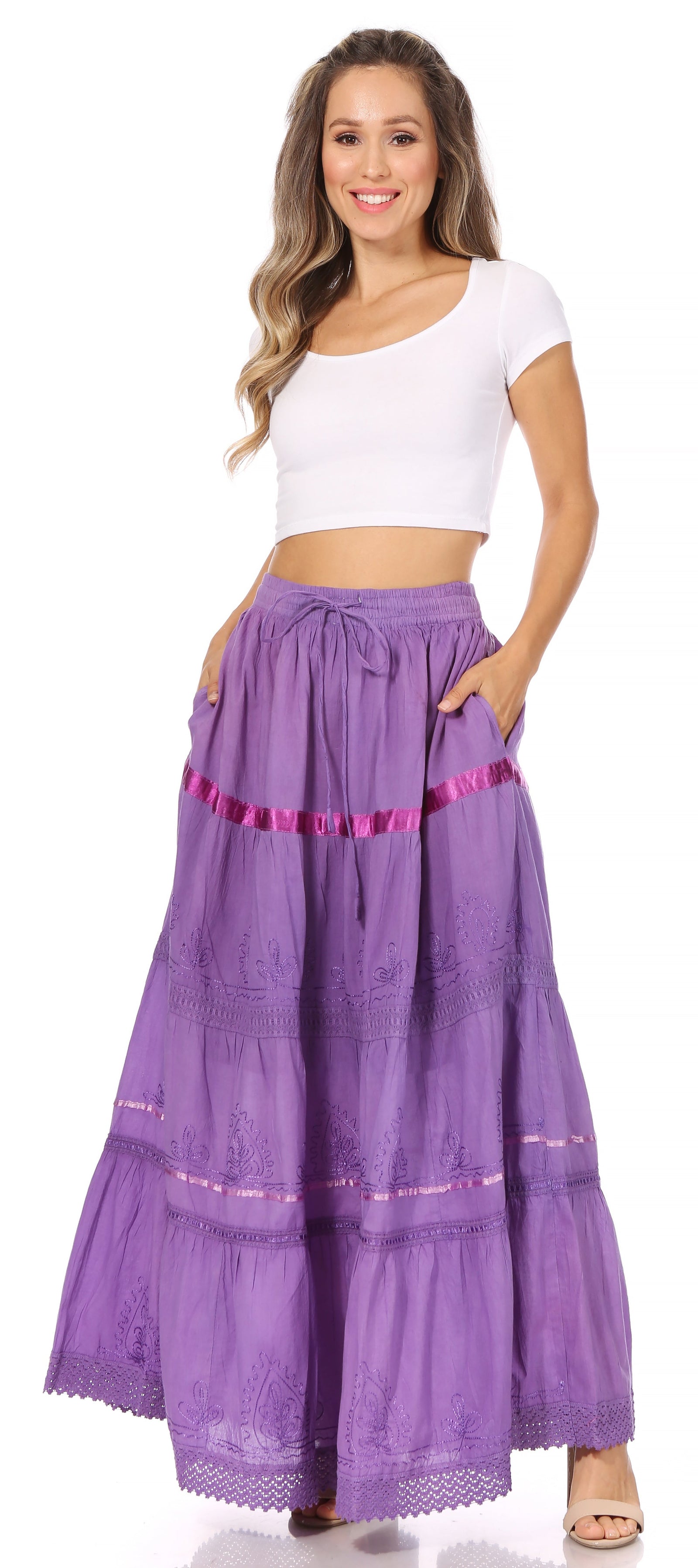 Falda larga de algodón Sakkas, estilo bohemio, gitano y bordado, con un solo color