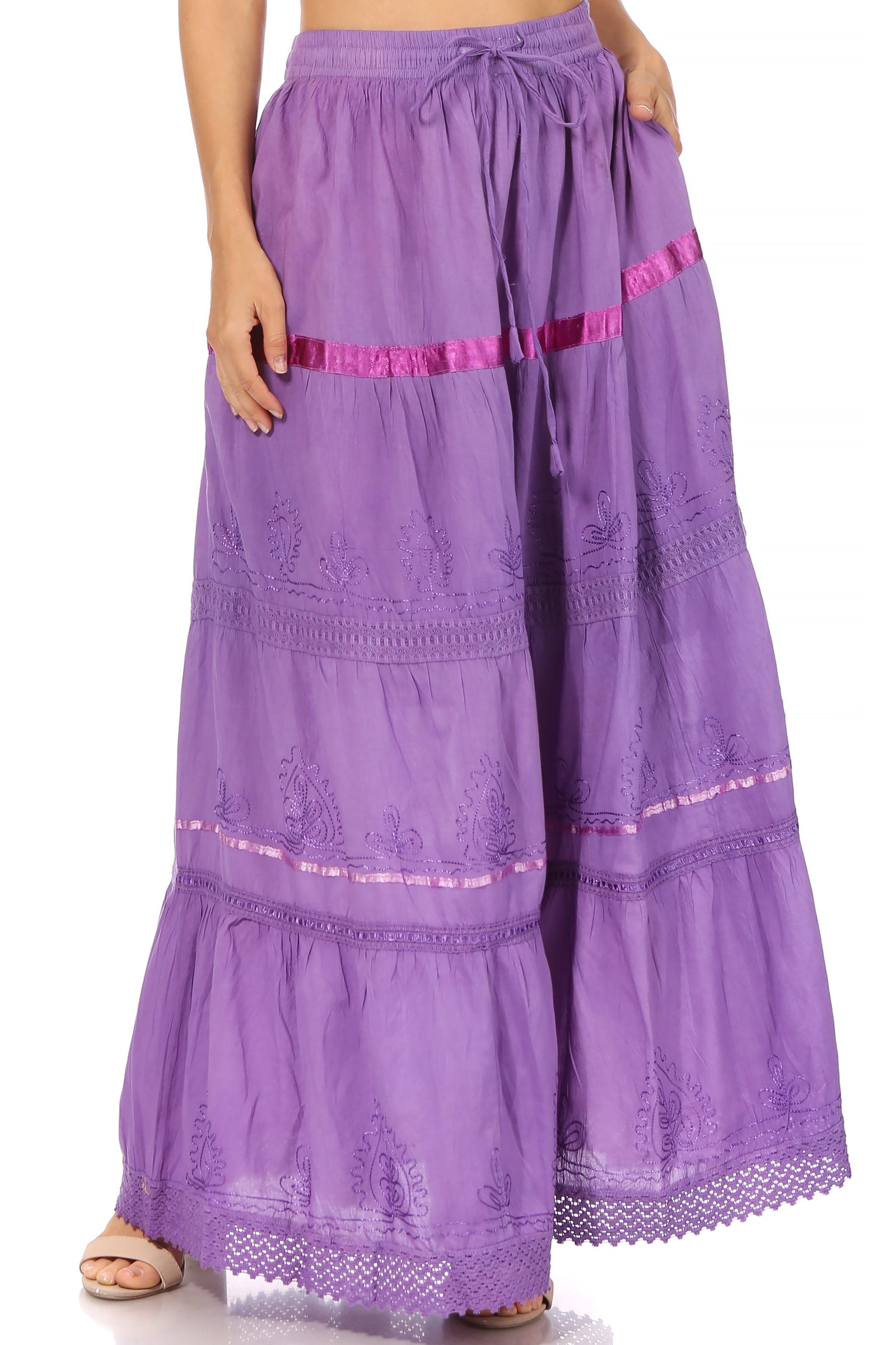 Falda larga de algodón Sakkas, estilo bohemio, gitano y bordado, con un solo color