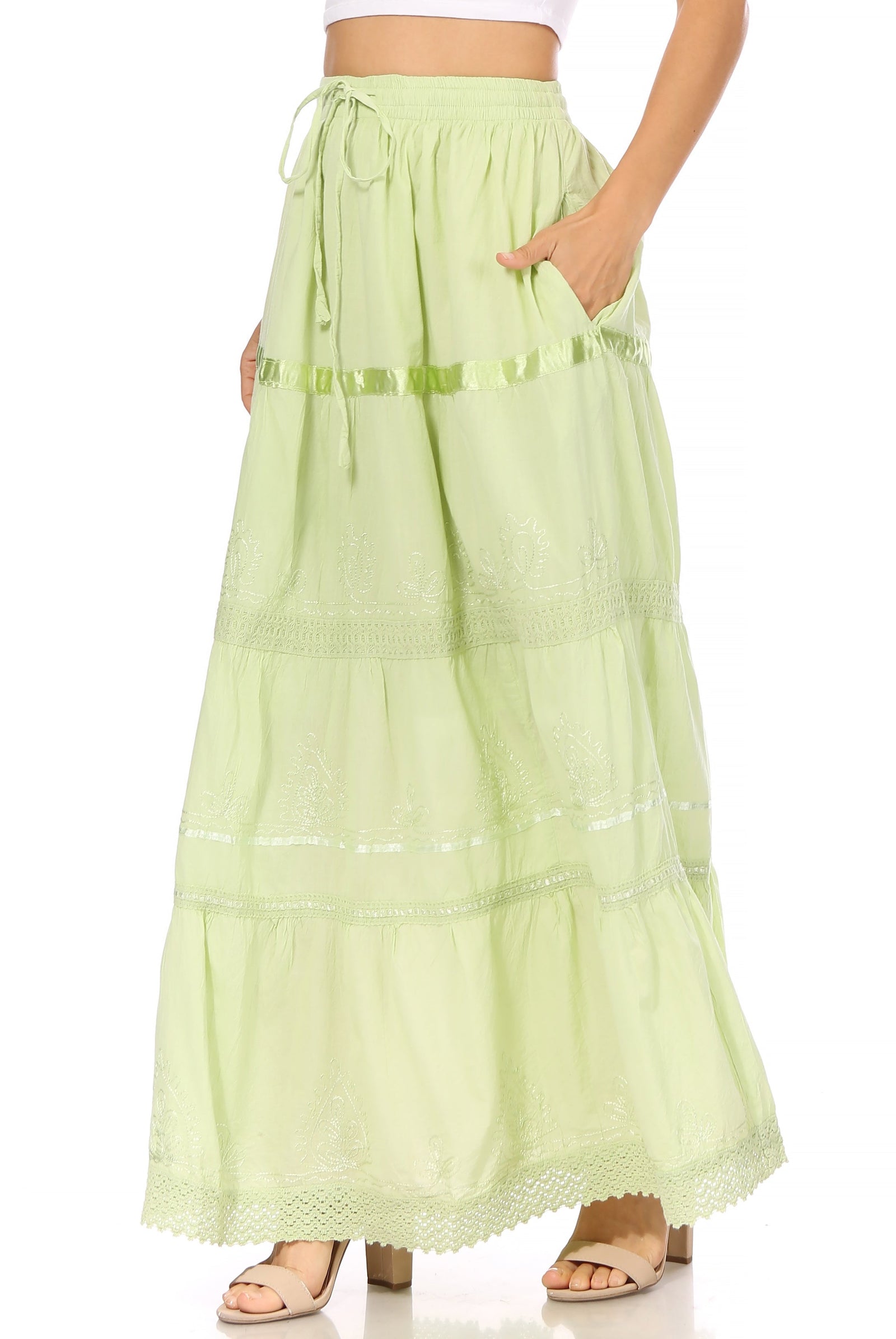 Falda larga de algodón Sakkas, estilo bohemio, gitano y bordado, con un solo color