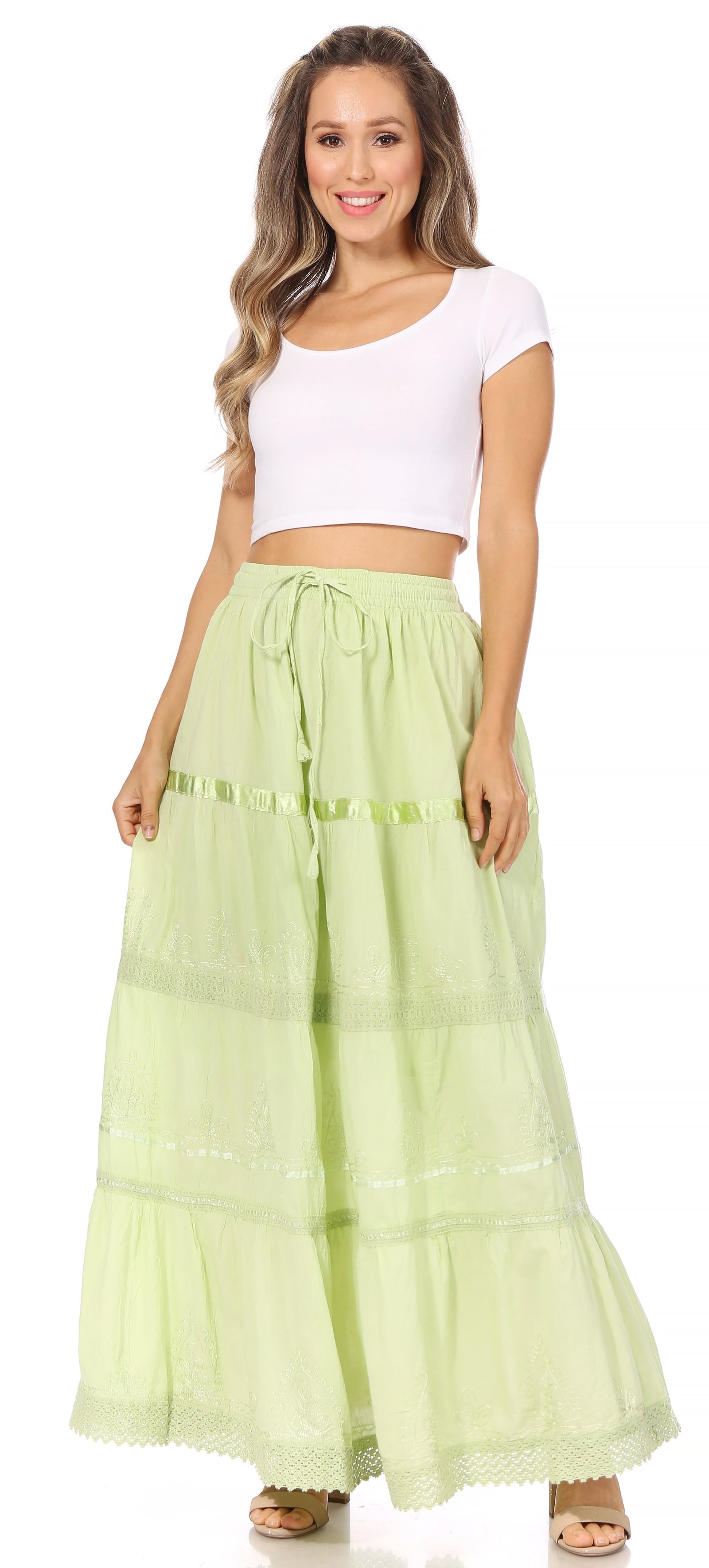 Falda larga de algodón Sakkas, estilo bohemio, gitano y bordado, con un solo color