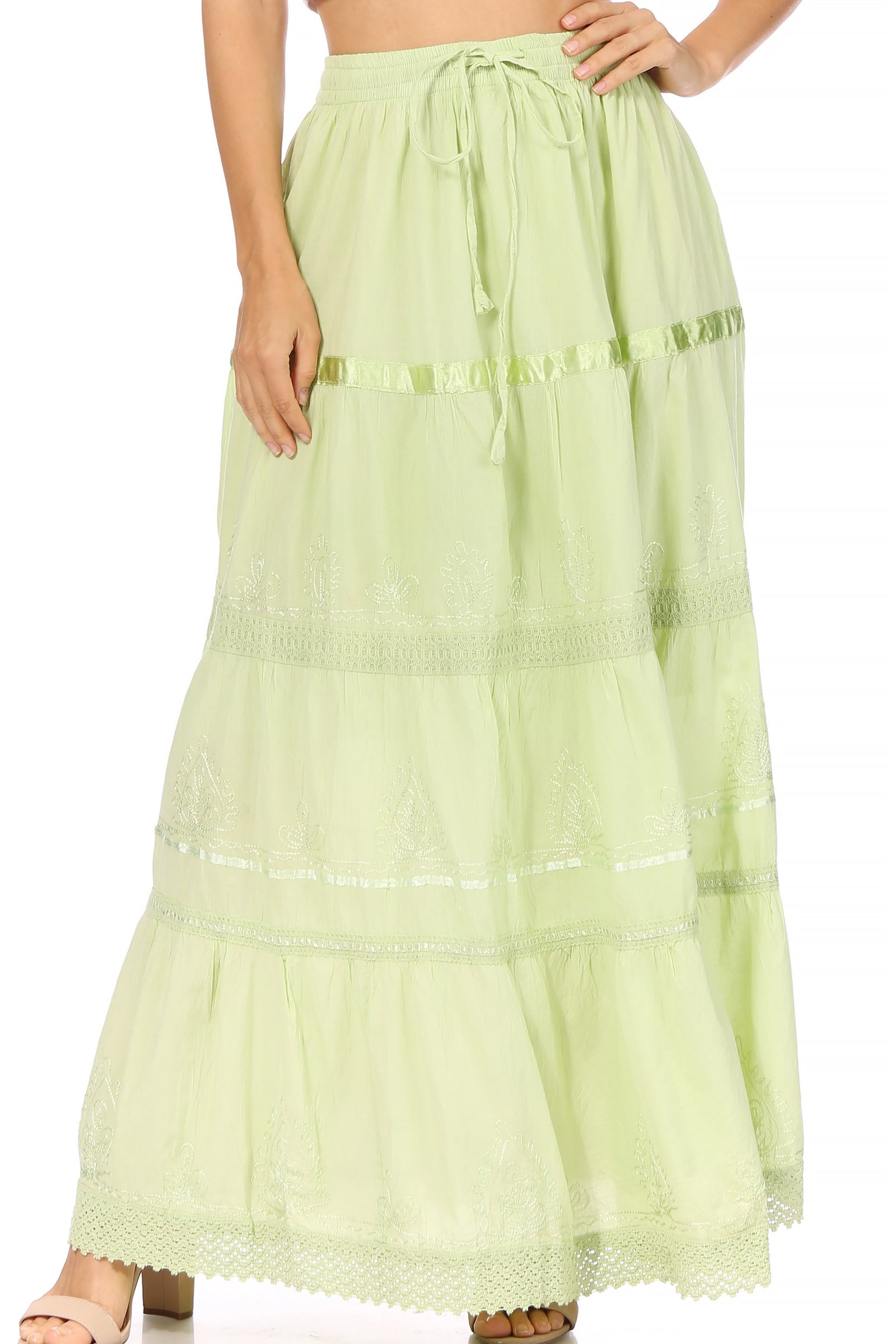 Falda larga de algodón Sakkas, estilo bohemio, gitano y bordado, con un solo color