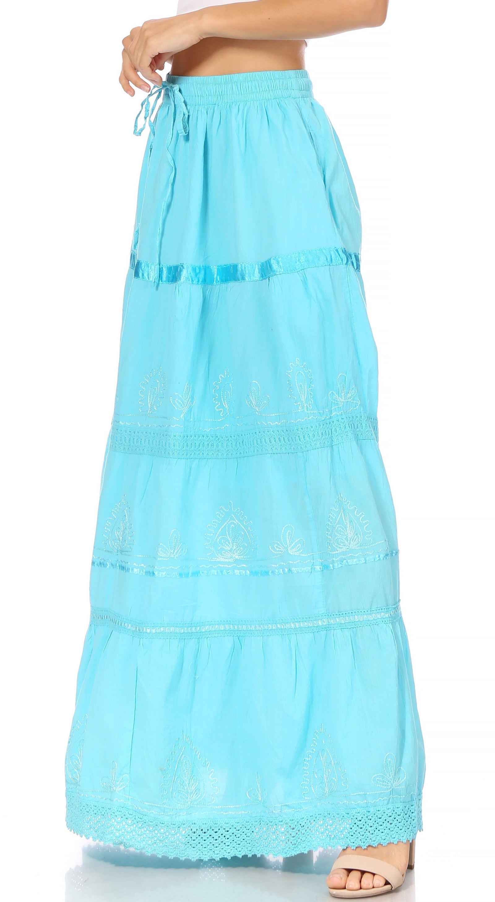 Falda larga de algodón Sakkas, estilo bohemio, gitano y bordado, con un solo color