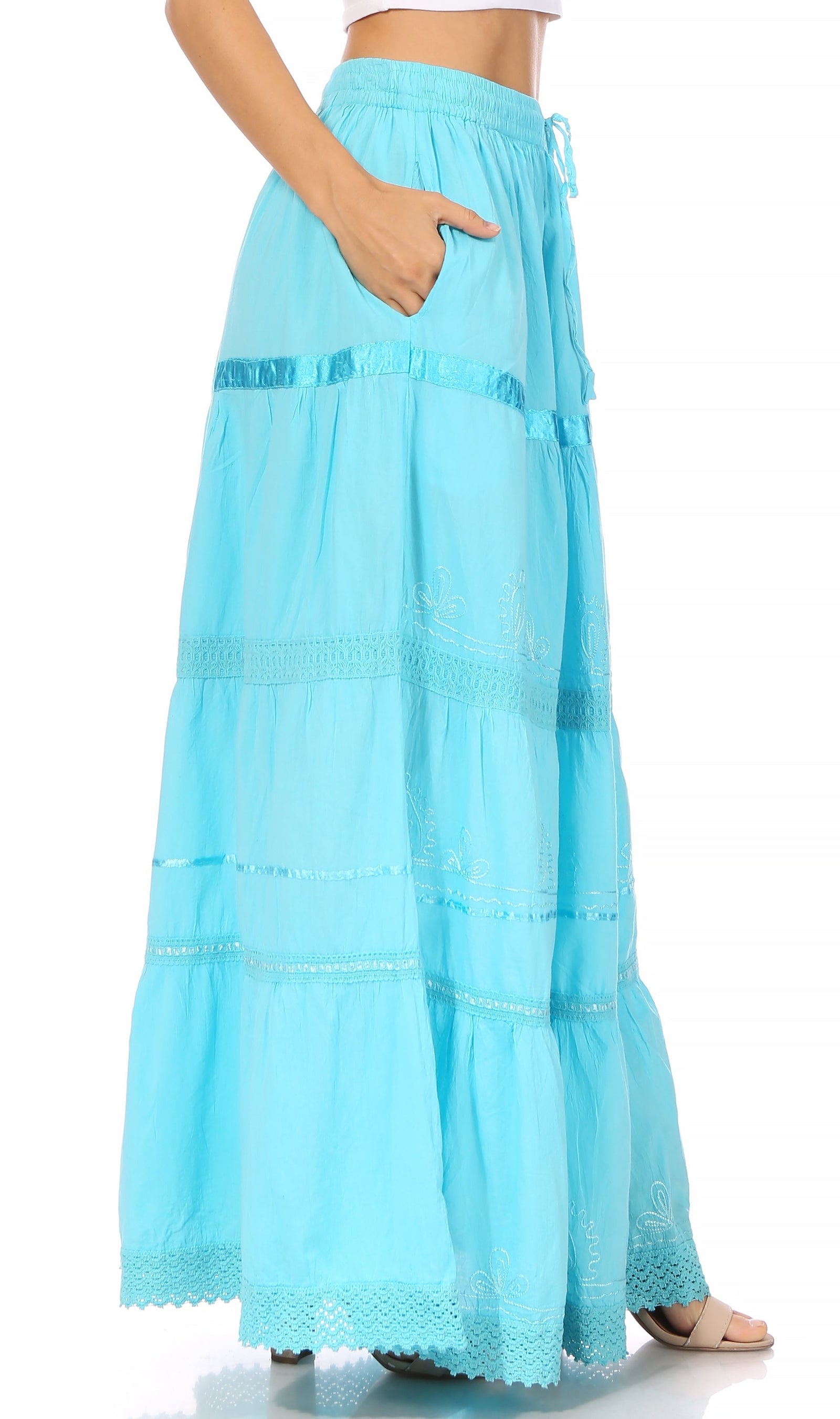 Falda larga de algodón Sakkas, estilo bohemio, gitano y bordado, con un solo color