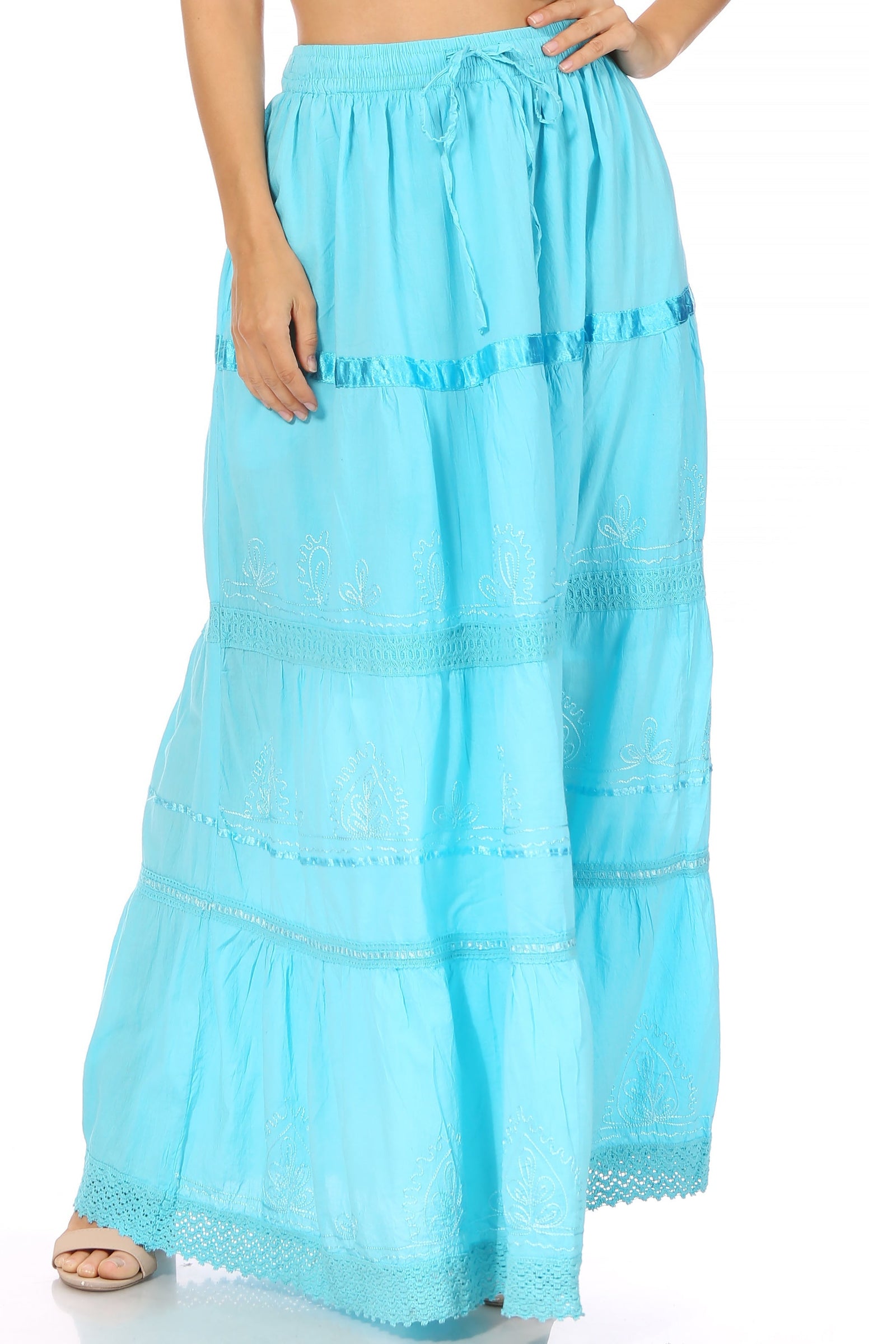Falda larga de algodón Sakkas, estilo bohemio, gitano y bordado, con un solo color
