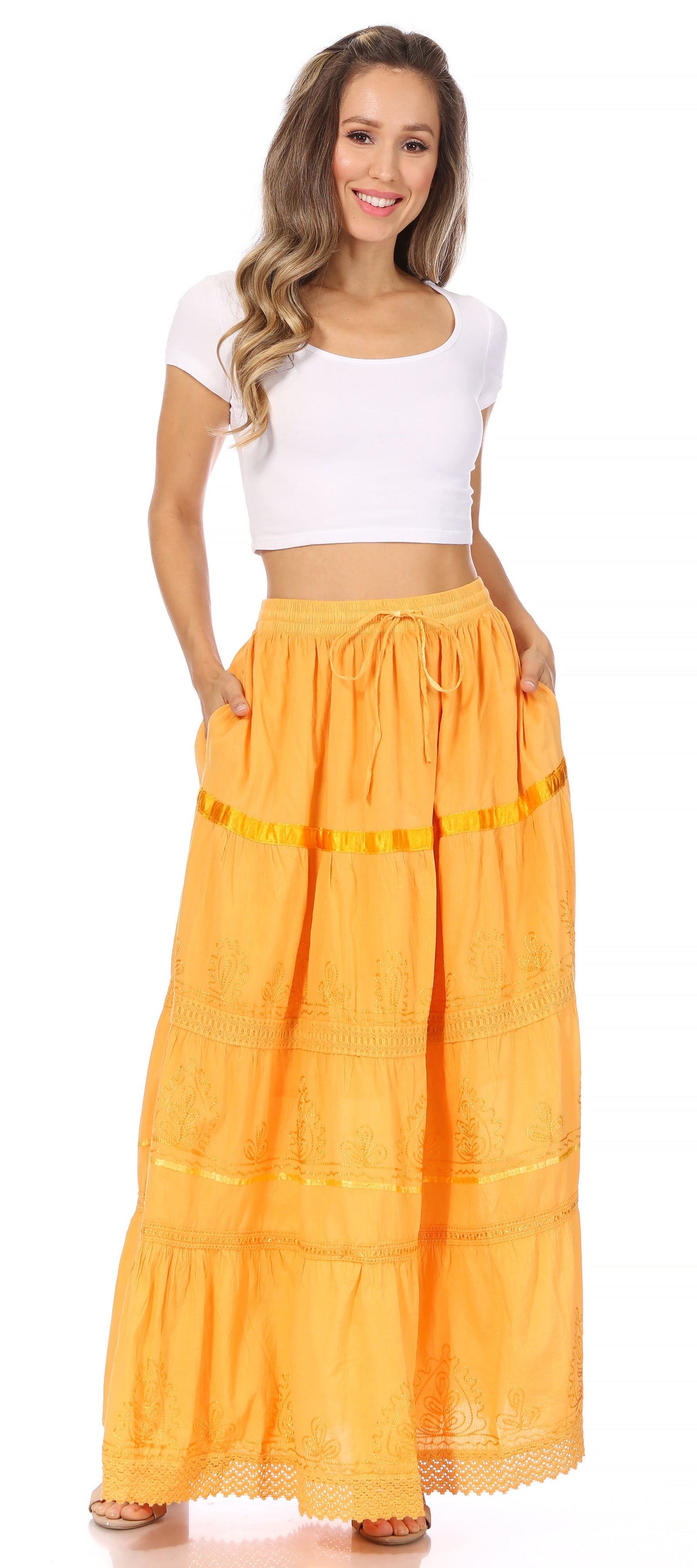 Falda larga de algodón Sakkas, estilo bohemio, gitano y bordado, con un solo color