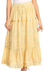 Sakkas Solid Embroidered Gypsy / Bohemian Mid Length Cotton Skirt