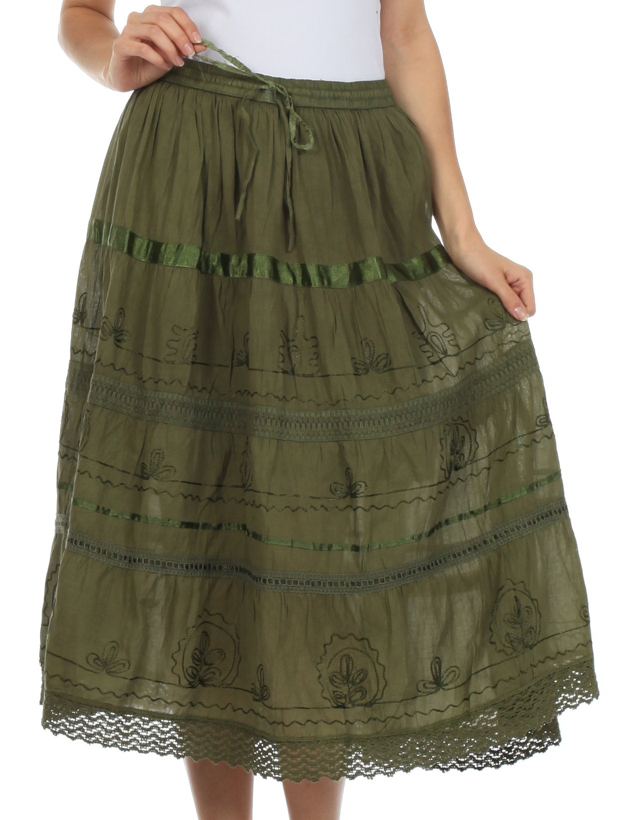 Sakkas Solid Embroidered Gypsy / Bohemian Mid Length Cotton Skirt