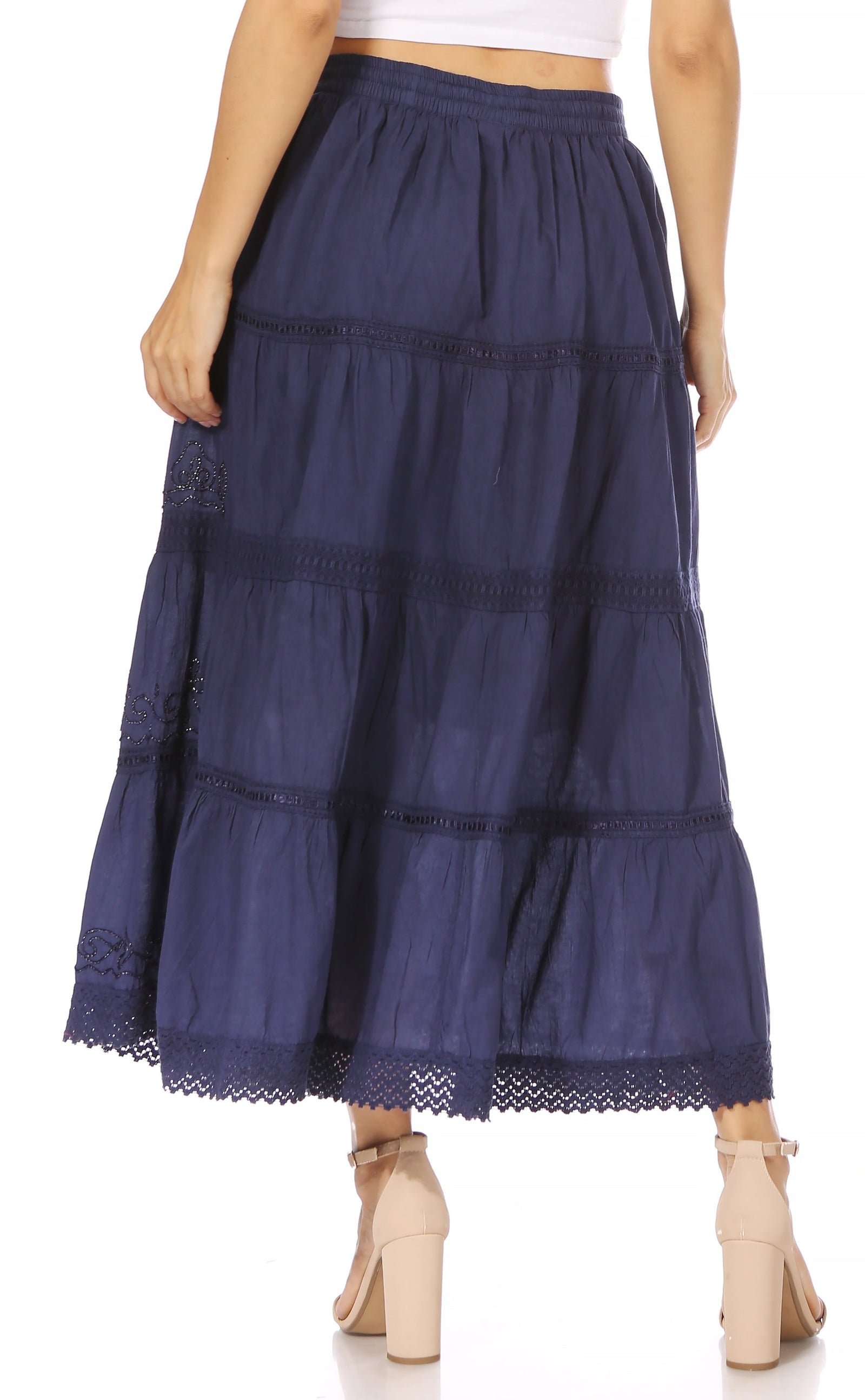 Falda Sakkas de algodón de longitud media, estilo bohemio, con ribete de encaje de ganchillo y bordado liso