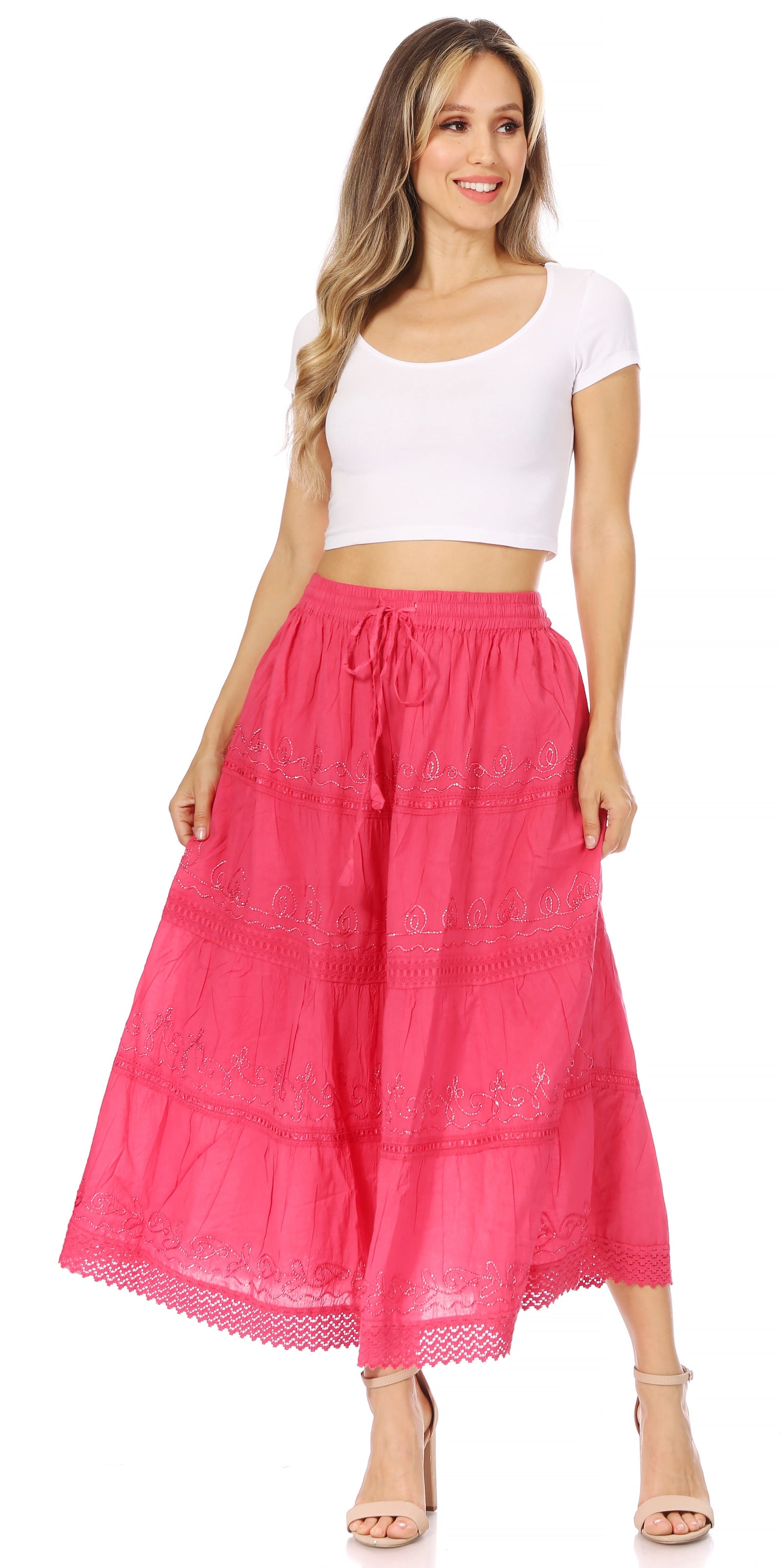 Falda Sakkas de algodón de longitud media, estilo bohemio, con ribete de encaje de ganchillo y bordado liso