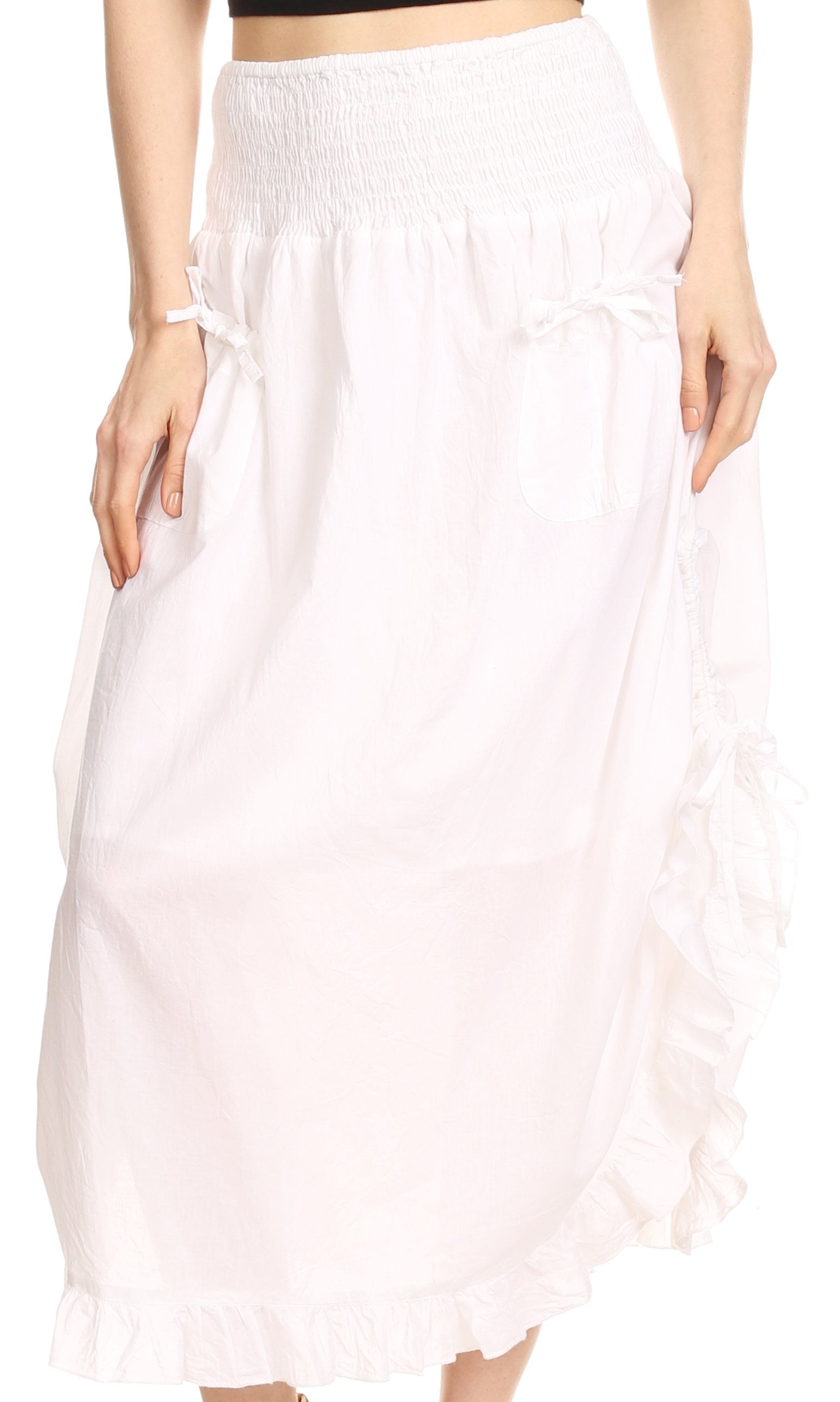 Sakkas Coco Long Cotton Ruffle Skirt with Pockets and Elastic Waistband