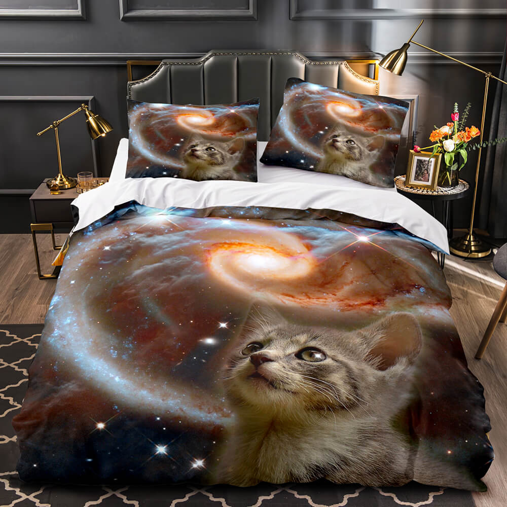 Juego de cama con diseño de astronauta y gato espacial, funda nórdica, juegos de cama