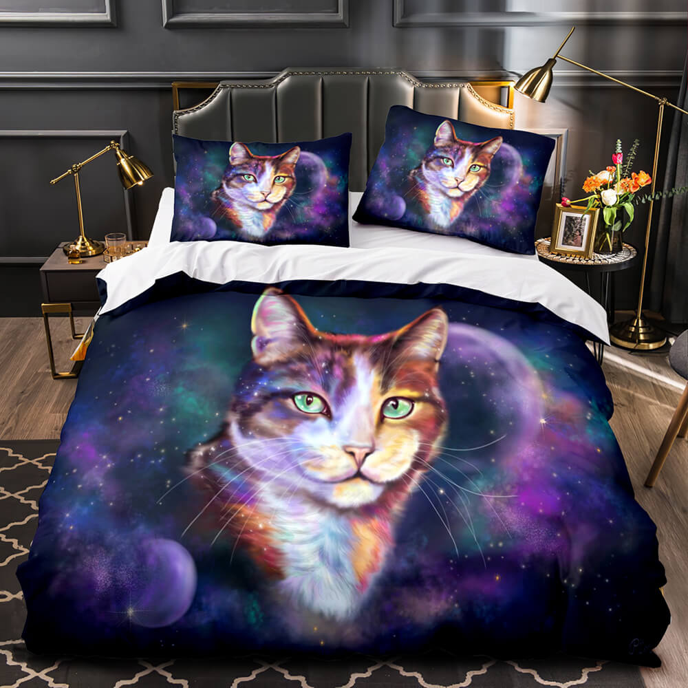 Juego de cama con diseño de astronauta y gato espacial, funda nórdica, juegos de cama