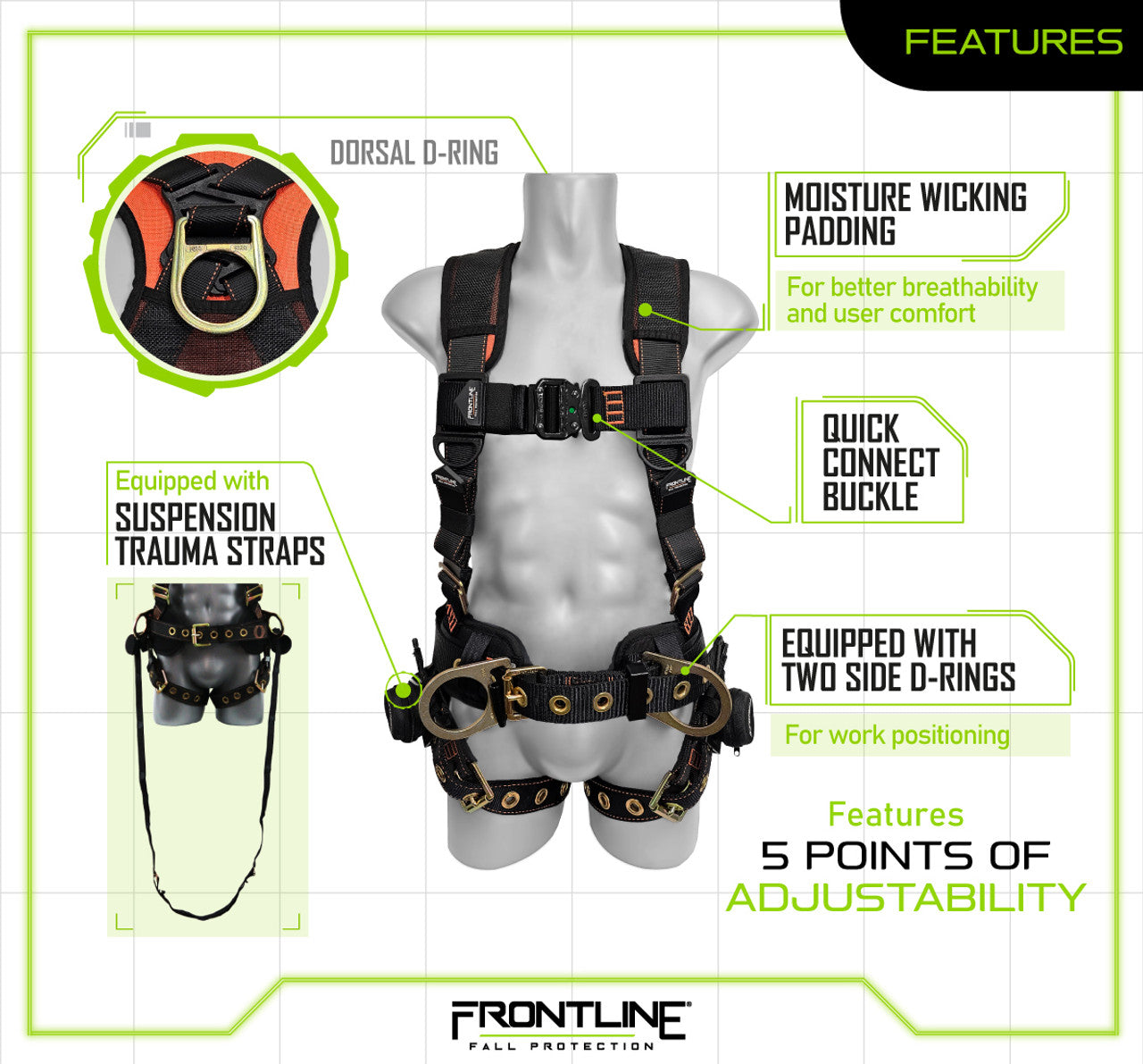 Arnés de cuerpo completo Frontline 100CTB Combat Construction con hebillas de lengüeta para piernas y correas para traumatismos, talla M/L