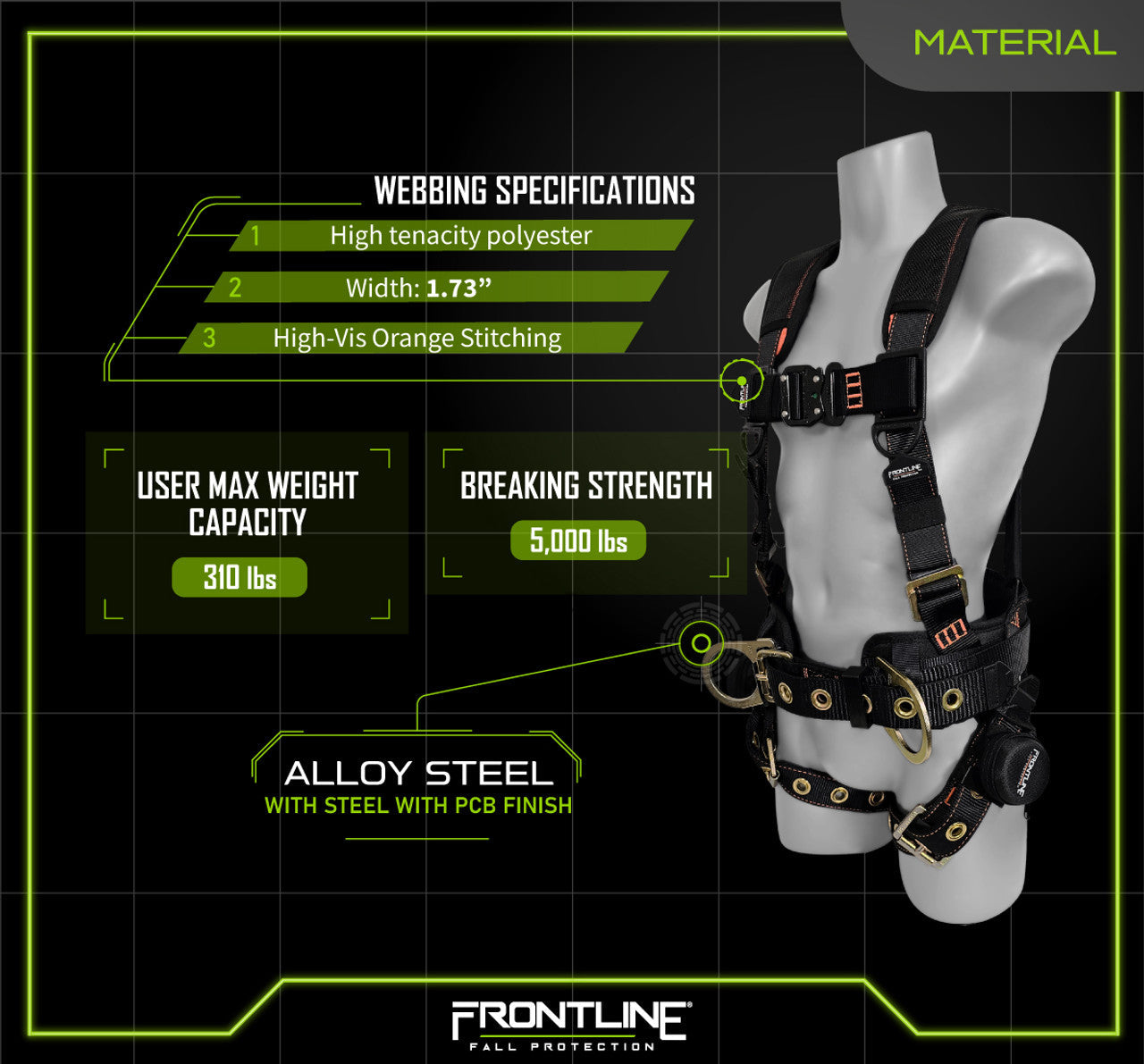 Arnés de cuerpo completo Frontline 100CTB Combat Construction con hebillas de lengüeta para piernas y correas para traumatismos, talla M/L