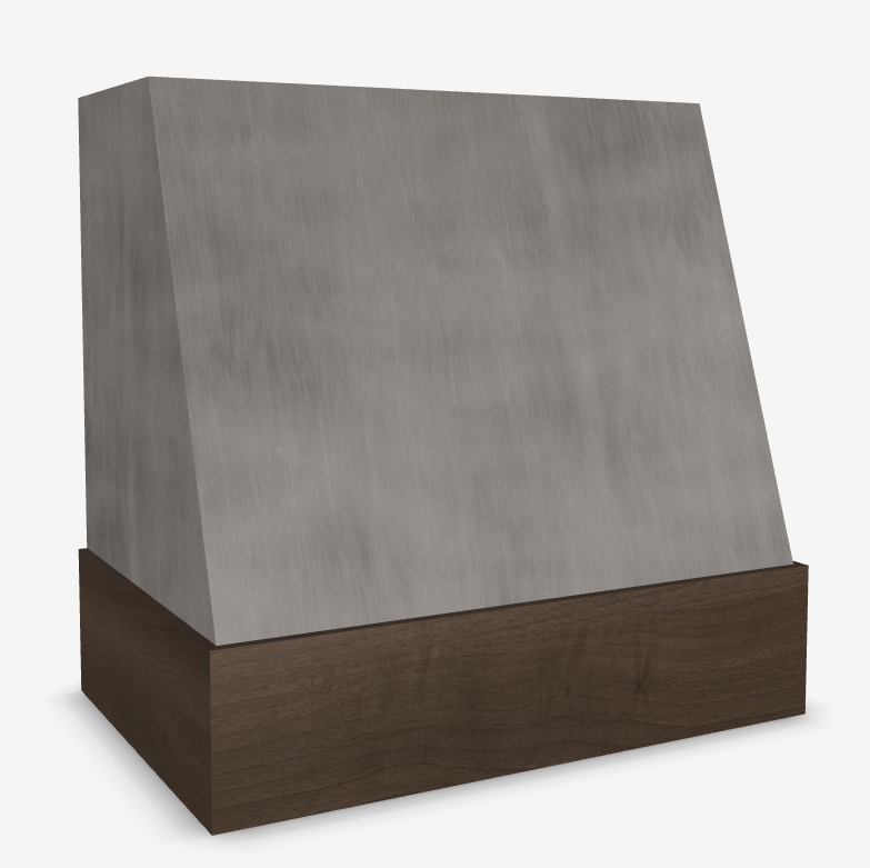 Campana extractora de madera teñida de color gris con frente en ángulo y banda de nogal: anchos disponibles de 30", 36", 42", 48", 54" y 60"