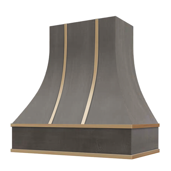 Stained Gray Range Hood With Curved Front, Brass Strapping and Block Trim - 30", 36", 42", 48", 54" and 60" Widths Available