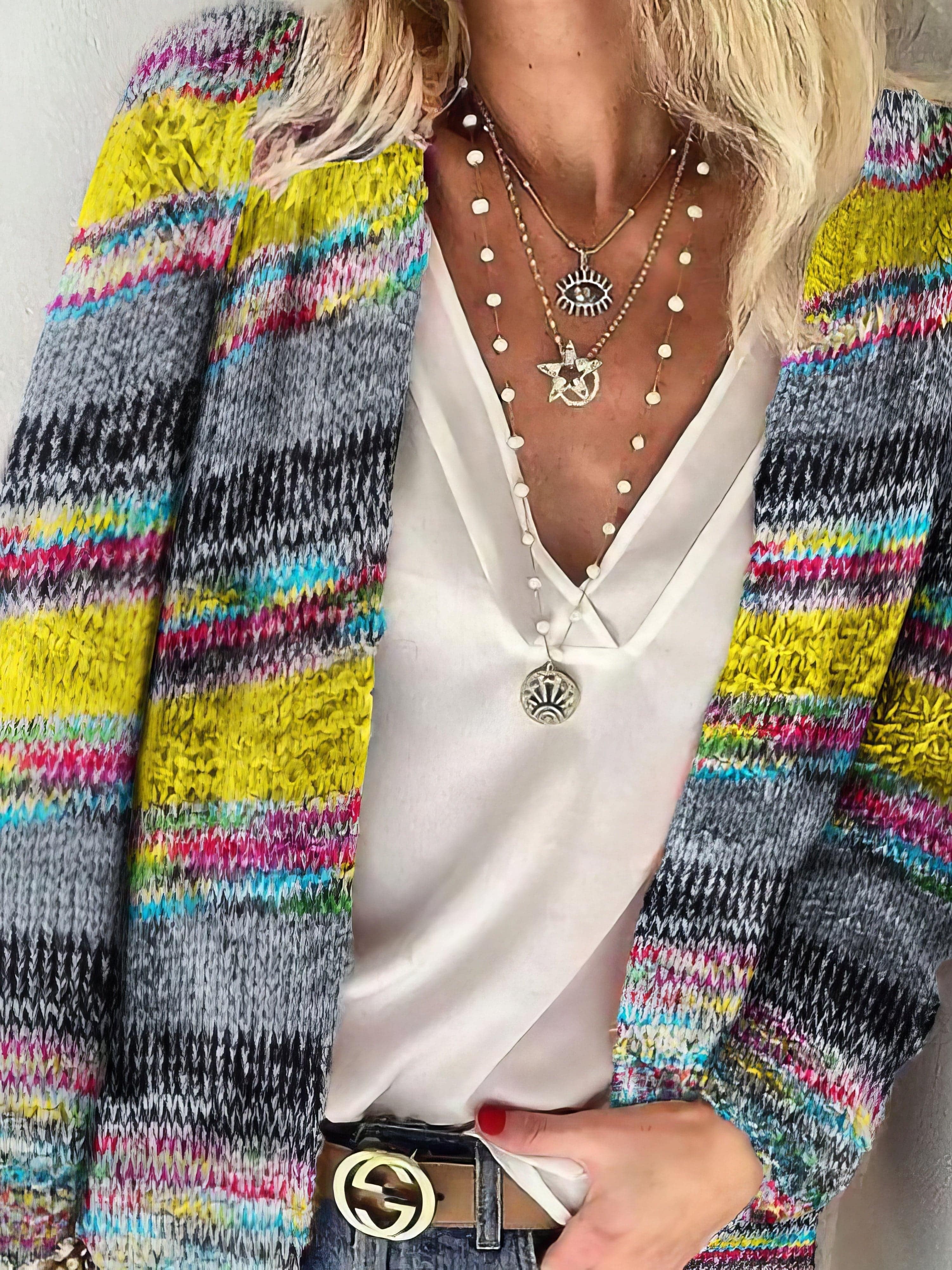 Striped Woolen Commuter Cardigan in Multicolor Print