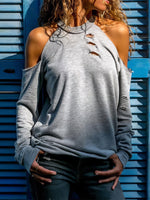 Open Shoulder Distressed Long Sleeve Top
