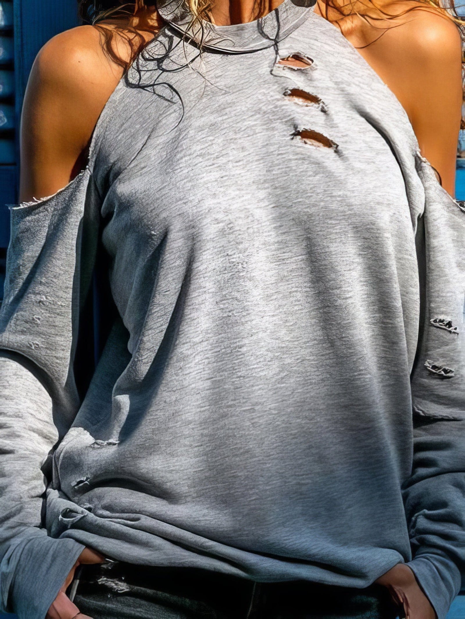 Open Shoulder Distressed Long Sleeve Top