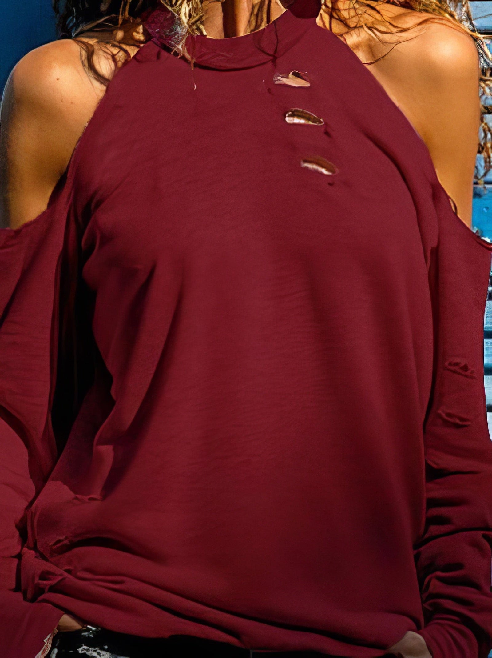 Open Shoulder Distressed Long Sleeve Top